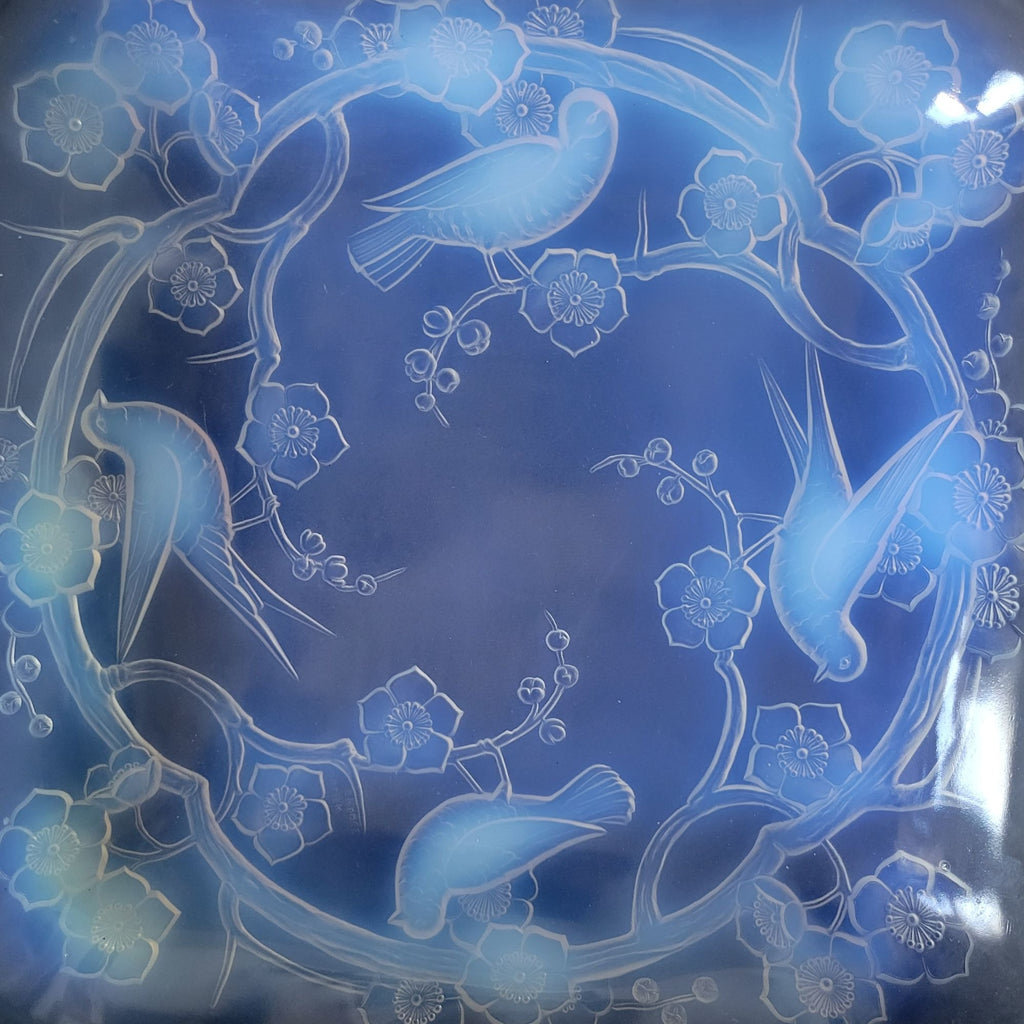 Antique French Julien Opalescent Glass Dish Birds & Floral Metal Rims & Handles