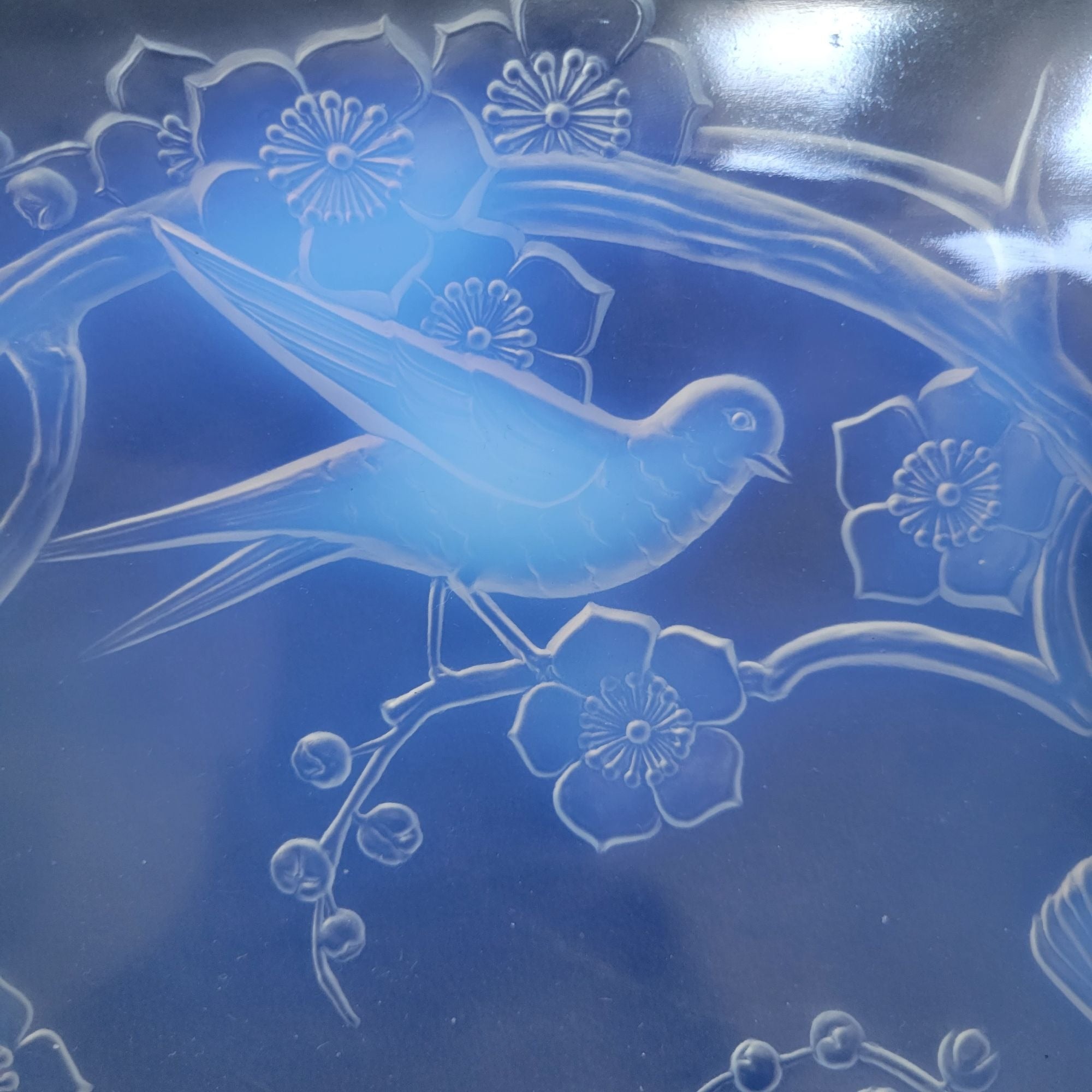 Antique French Julien Opalescent Glass Dish Birds & Floral Metal Rims & Handles