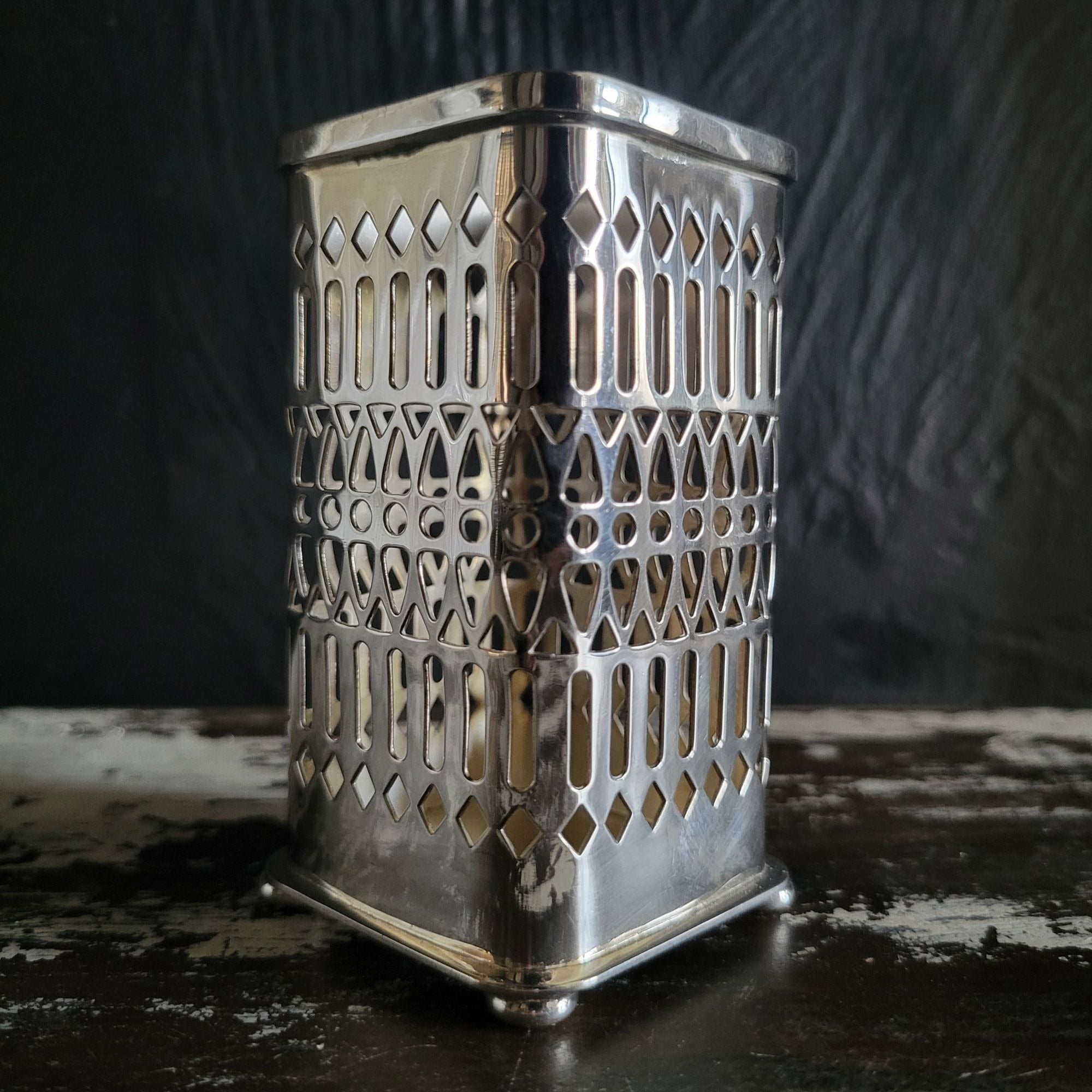 Vtg Sheridan Openwork Silverplate Condiment Holder Tall Matchstick Holder #52