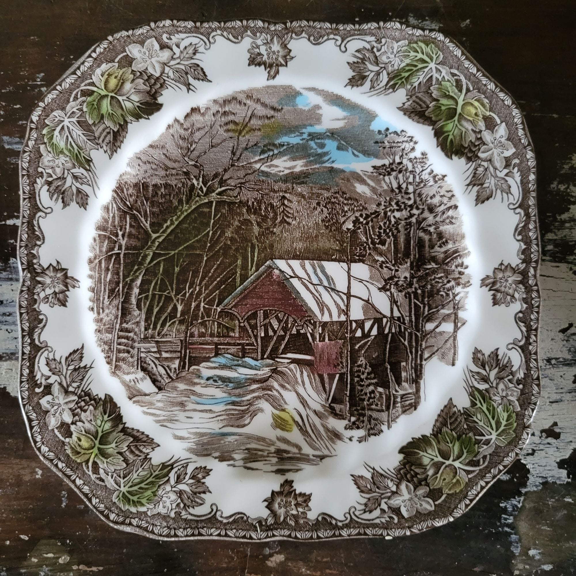 Johnson Bro Friendly Village Square Salad Plate "The Covered Bridge" Blue Stamp