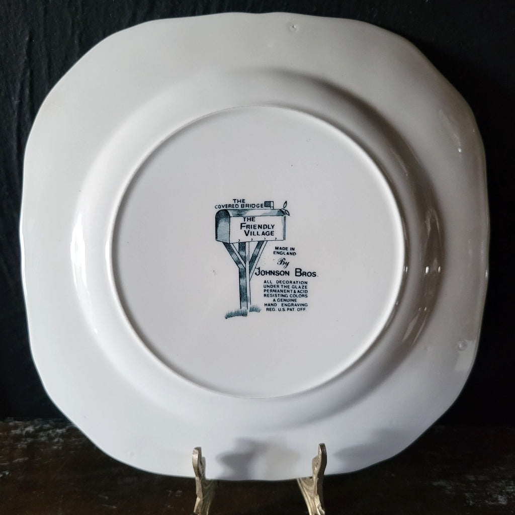 Johnson Bro Friendly Village Square Salad Plate "The Covered Bridge" Blue Stamp
