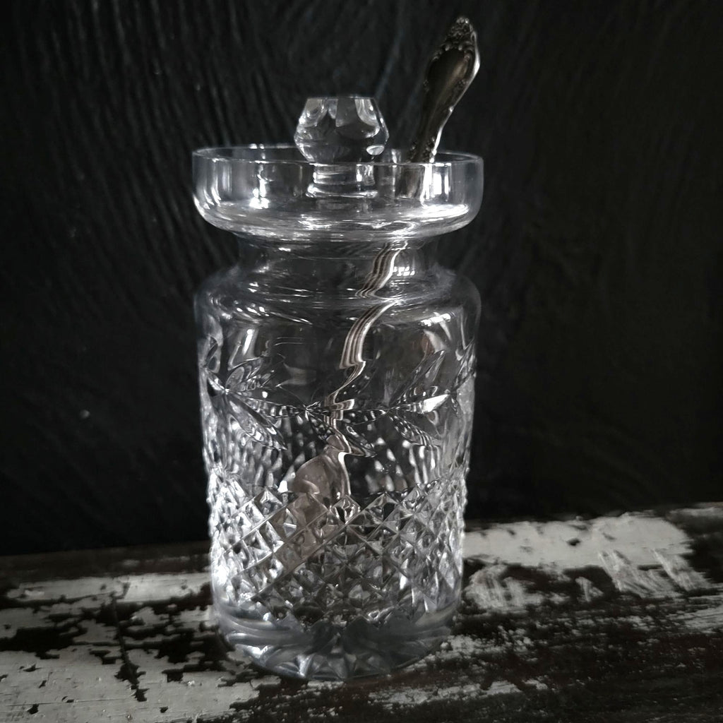 Vintage Galway Crystal Jam/ Jelly / Condiment Jar With Lid and Silverplate Spoon