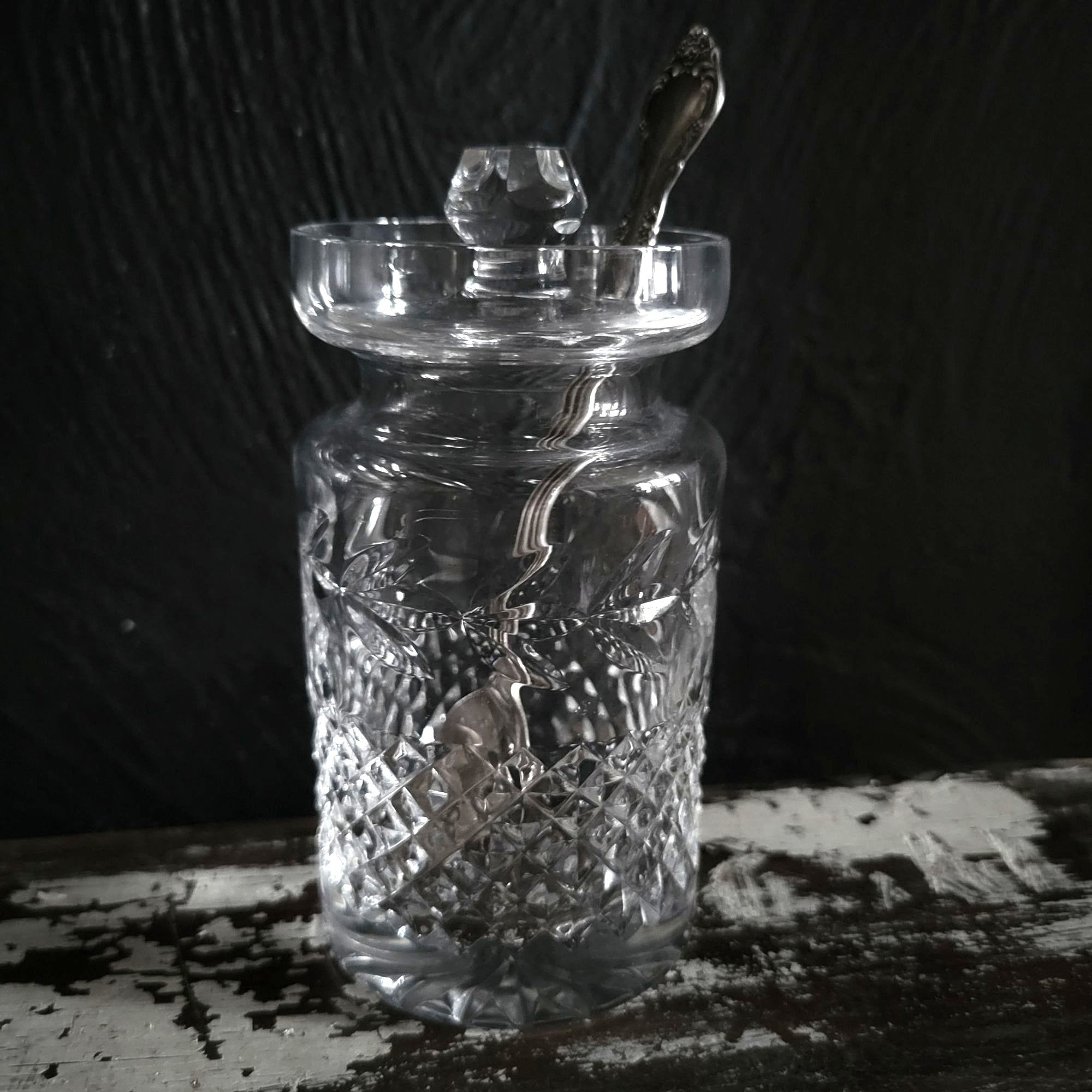 Vintage Galway Crystal Jam/ Jelly / Condiment Jar With Lid and Silverplate Spoon