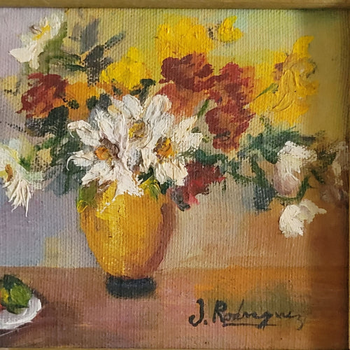 Vintage Framed Oil Painting Of Floral Still Life Signed J. Rodriguez 7" x 9"