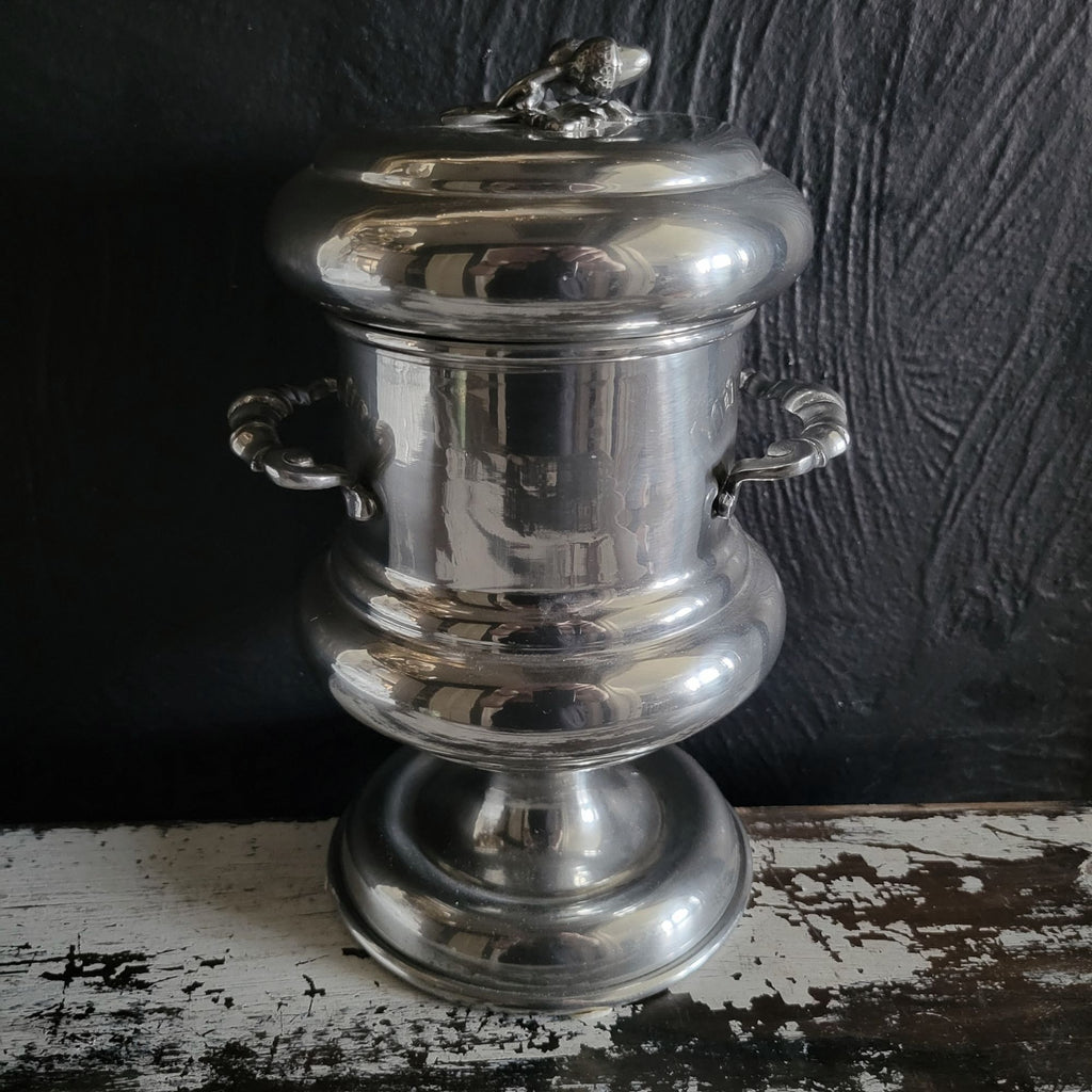 Vtg Peltro Pewter Canister With Acorn Finial and Double Handles Made in Italy