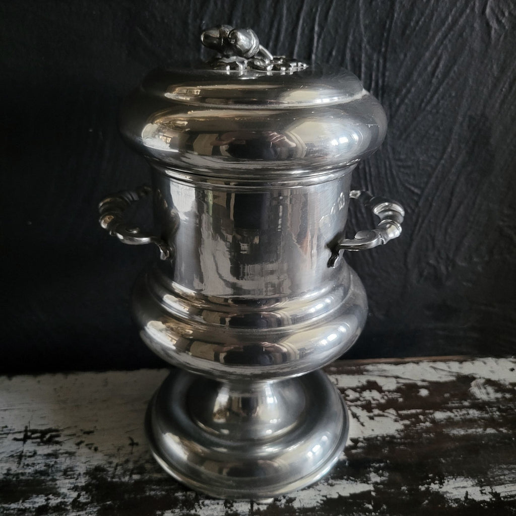 Vtg Peltro Pewter Canister With Acorn Finial and Double Handles Made in Italy