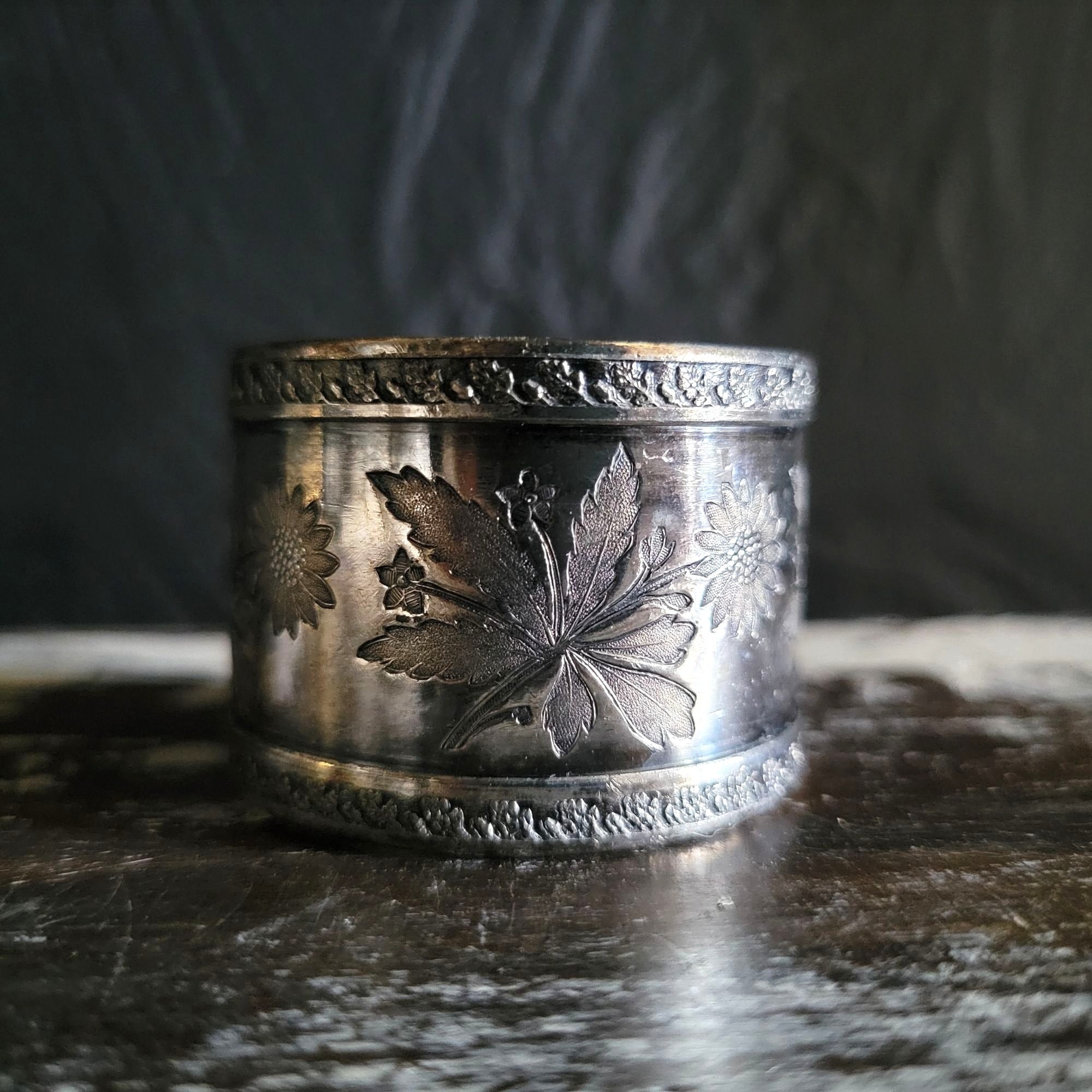 Antique Victorian Silver Plate Napkin Ring With Floral Pattern Engraving