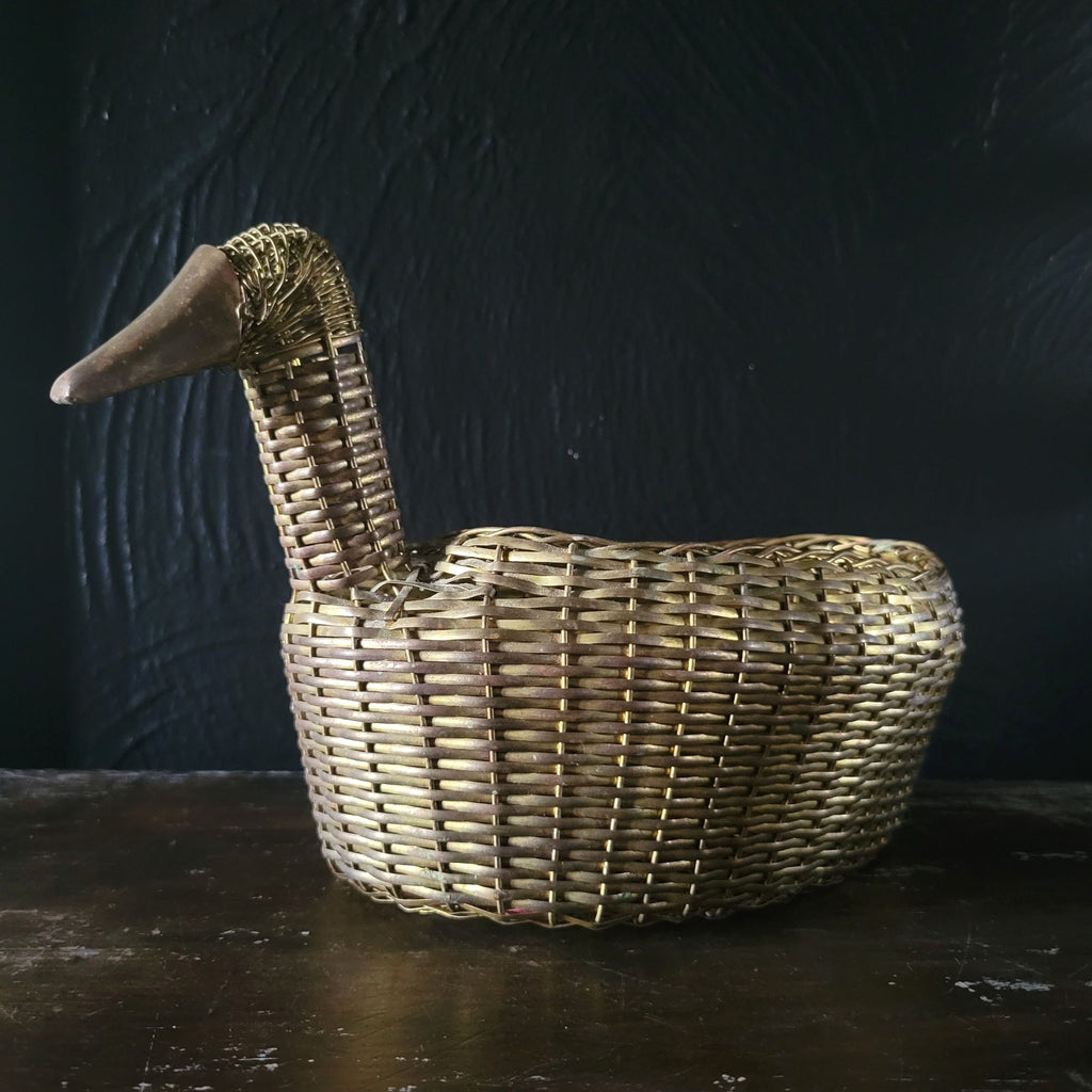 Vintage Woven Brass Duck Basket 11" Long Unique Basket