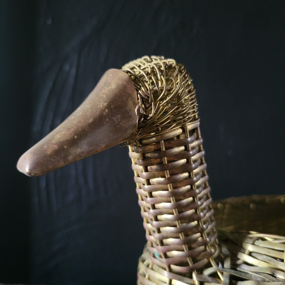 Vintage Woven Brass Duck Basket 11" Long Unique Basket