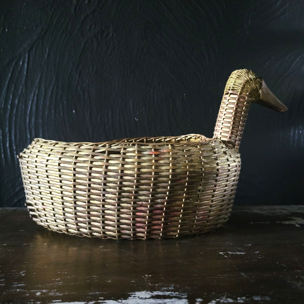 Vintage Woven Brass Duck Basket 11" Long Unique Basket