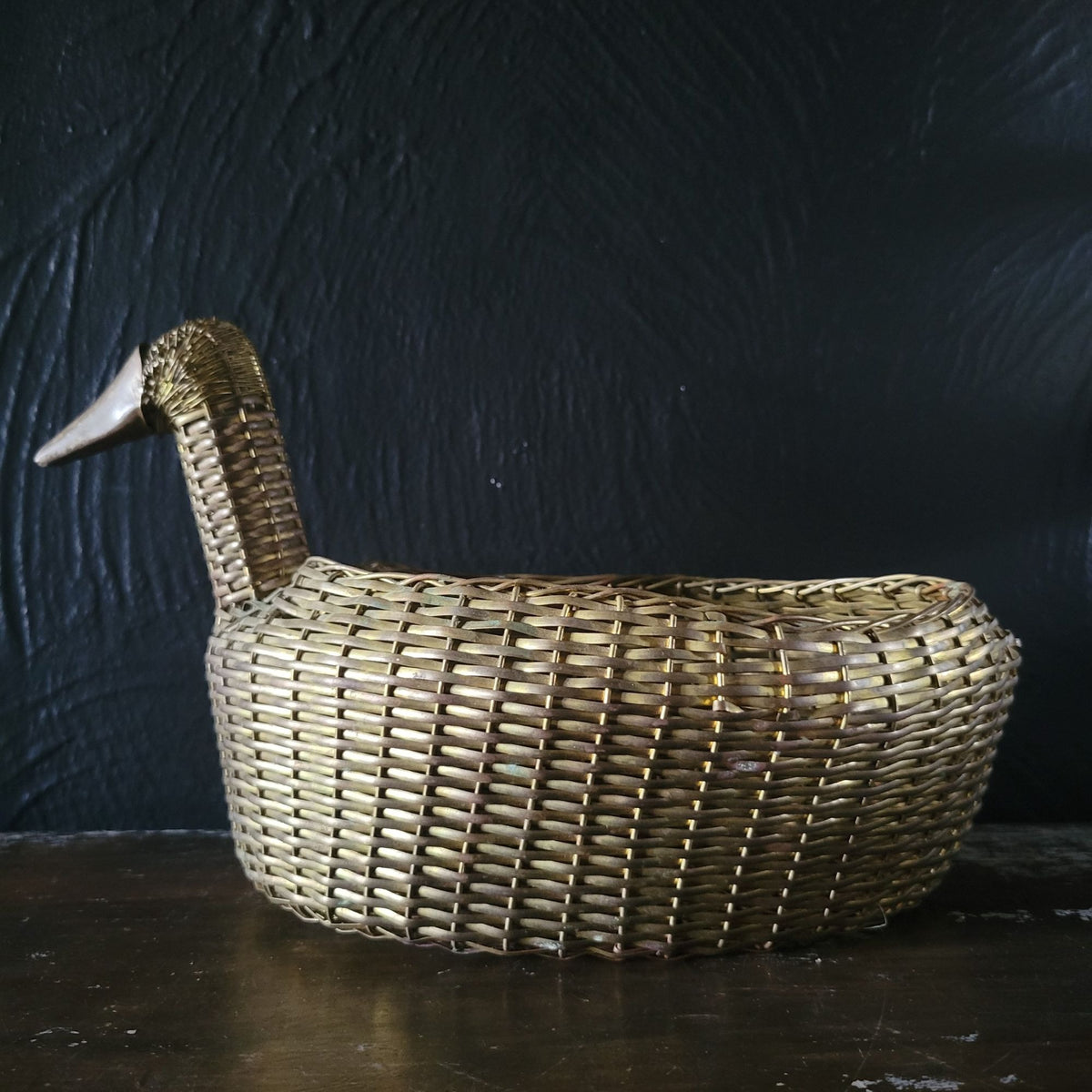 Vintage Woven Brass Duck Basket 11" Long Unique Basket