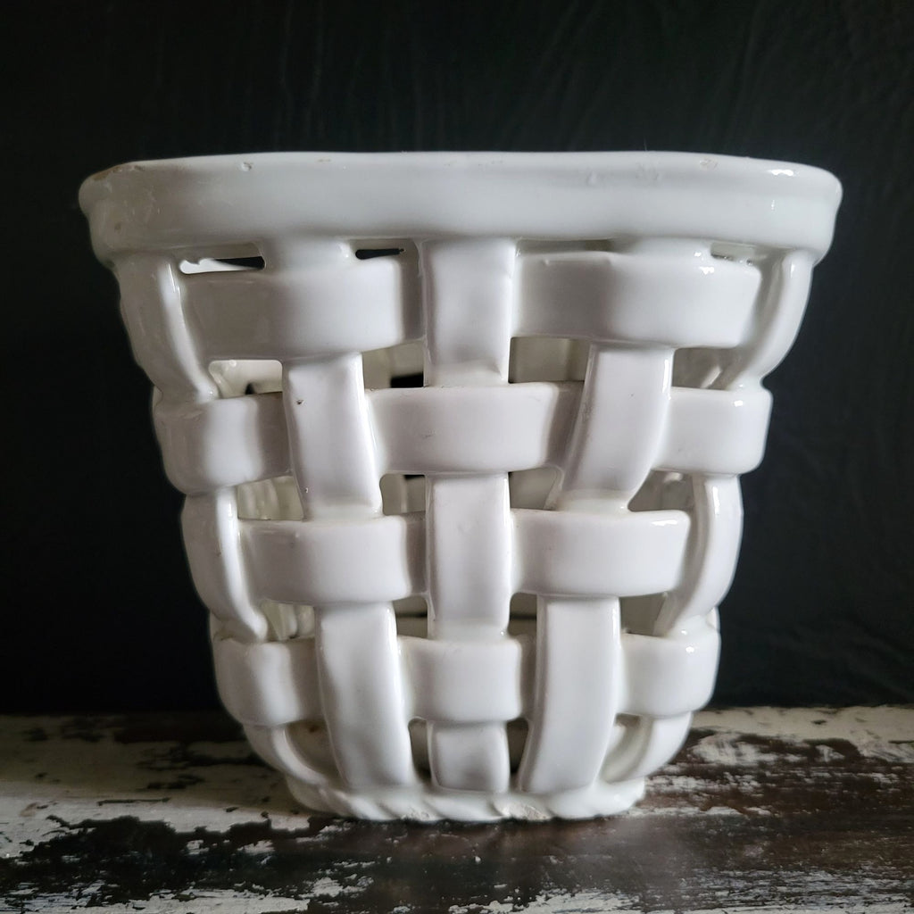 Vintage White Woven Ceramic Planter Handcrafted In Spain, Cachepot