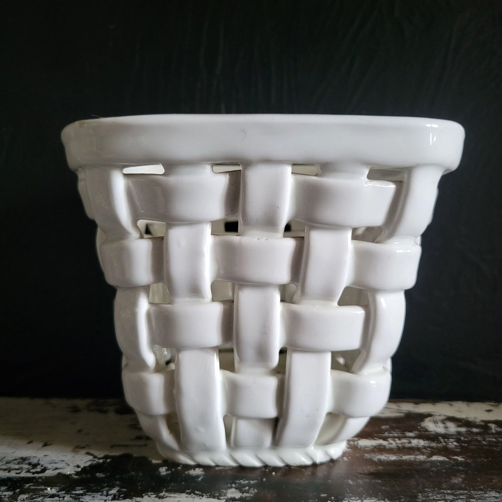 Vintage White Woven Ceramic Planter Handcrafted In Spain, Cachepot