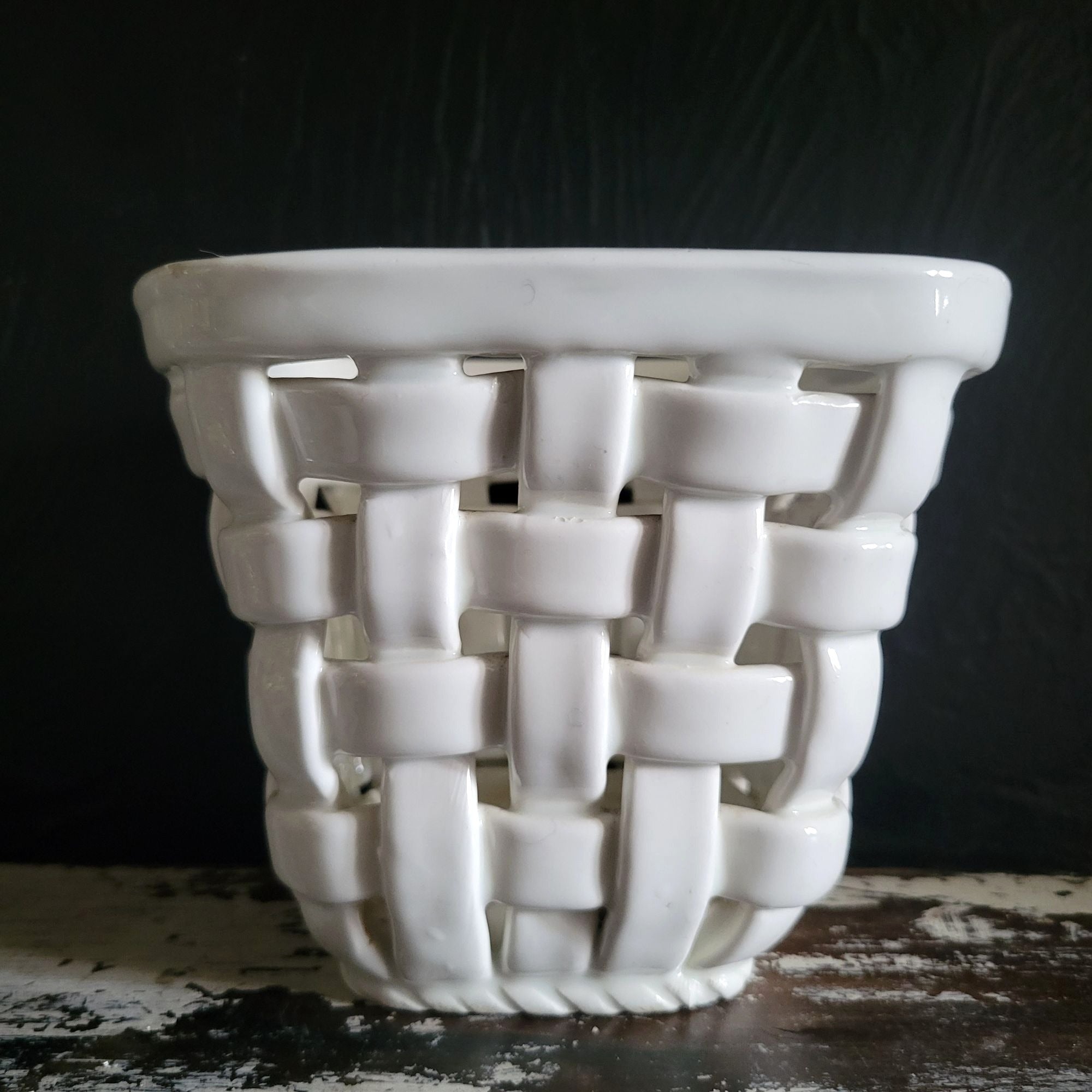 Vintage White Woven Ceramic Planter Handcrafted In Spain, Cachepot