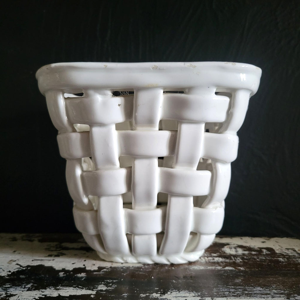 Vintage White Woven Ceramic Planter Handcrafted In Spain, Cachepot