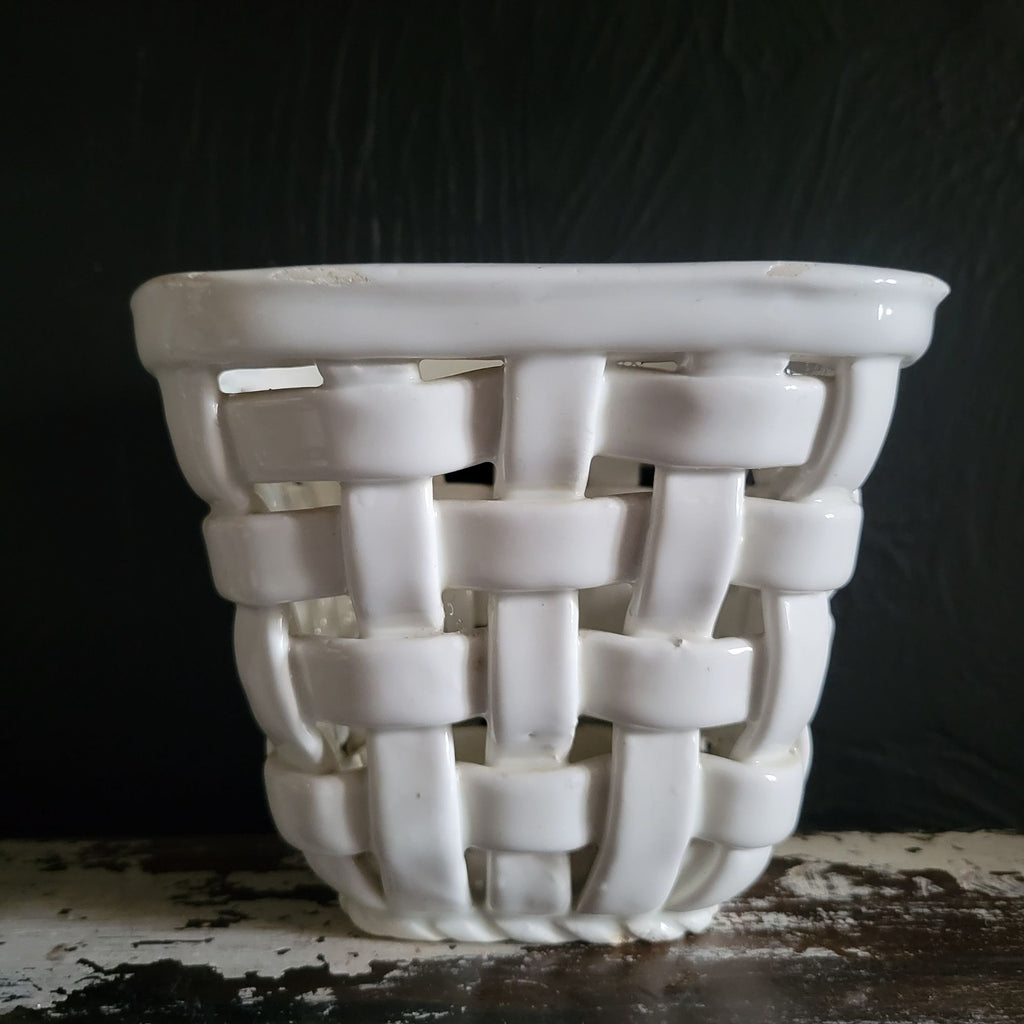 Vintage White Woven Ceramic Planter Handcrafted In Spain, Cachepot
