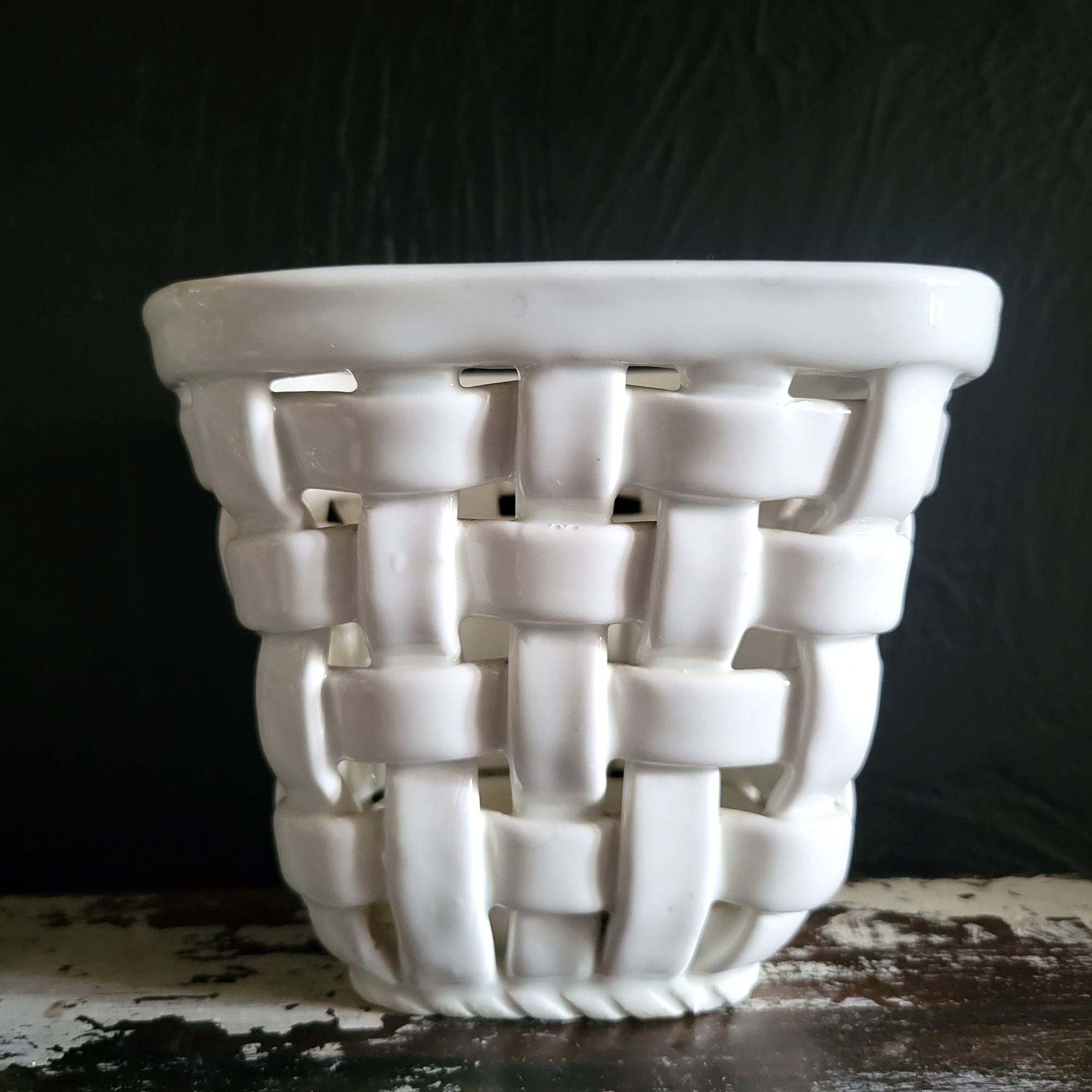 Vintage White Woven Ceramic Planter Handcrafted In Spain, Cachepot