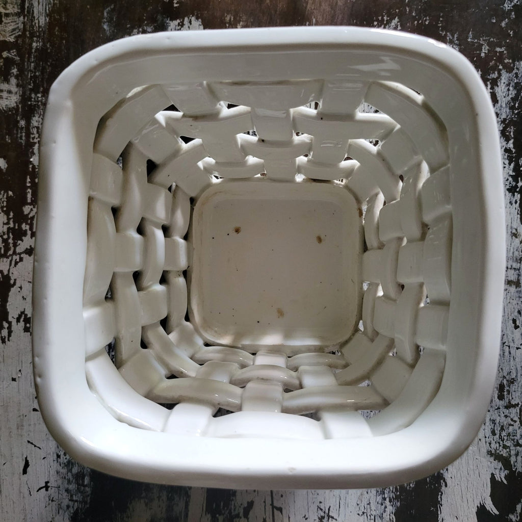Vintage White Woven Ceramic Planter Handcrafted In Spain, Cachepot