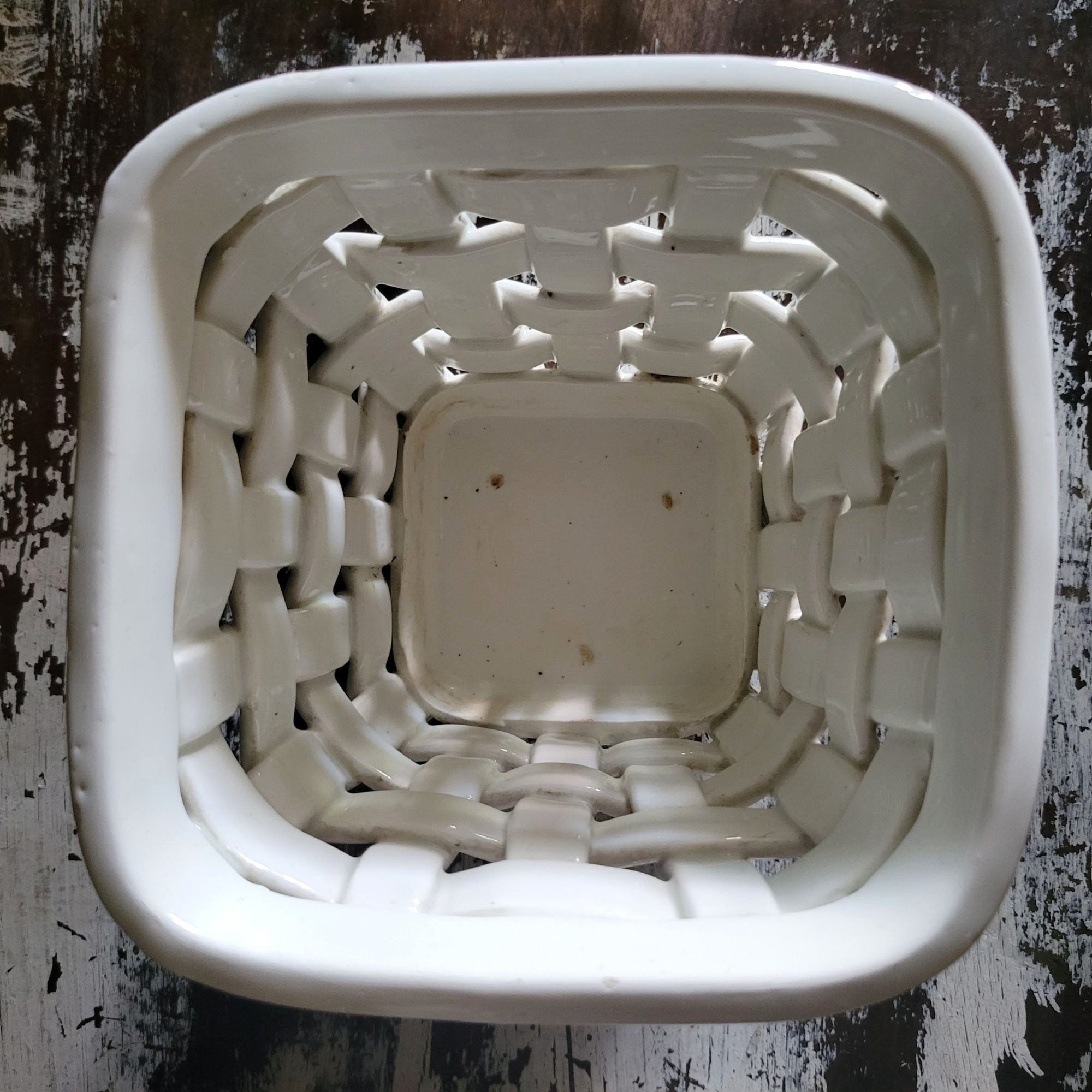 Vintage White Woven Ceramic Planter Handcrafted In Spain, Cachepot