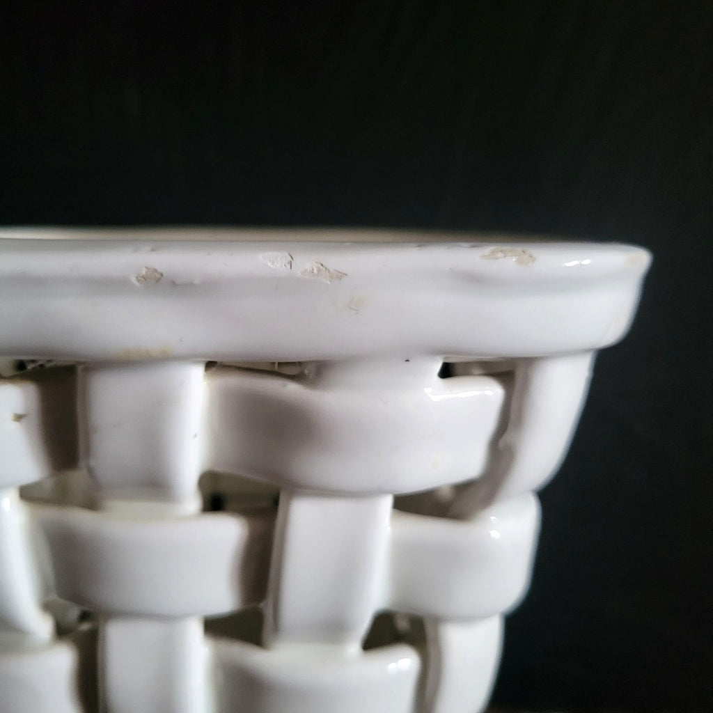 Vintage White Woven Ceramic Planter Handcrafted In Spain, Cachepot