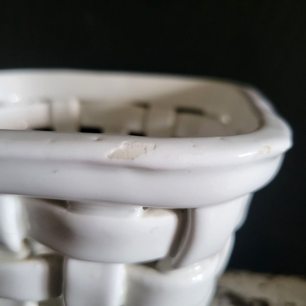 Vintage White Woven Ceramic Planter Handcrafted In Spain, Cachepot