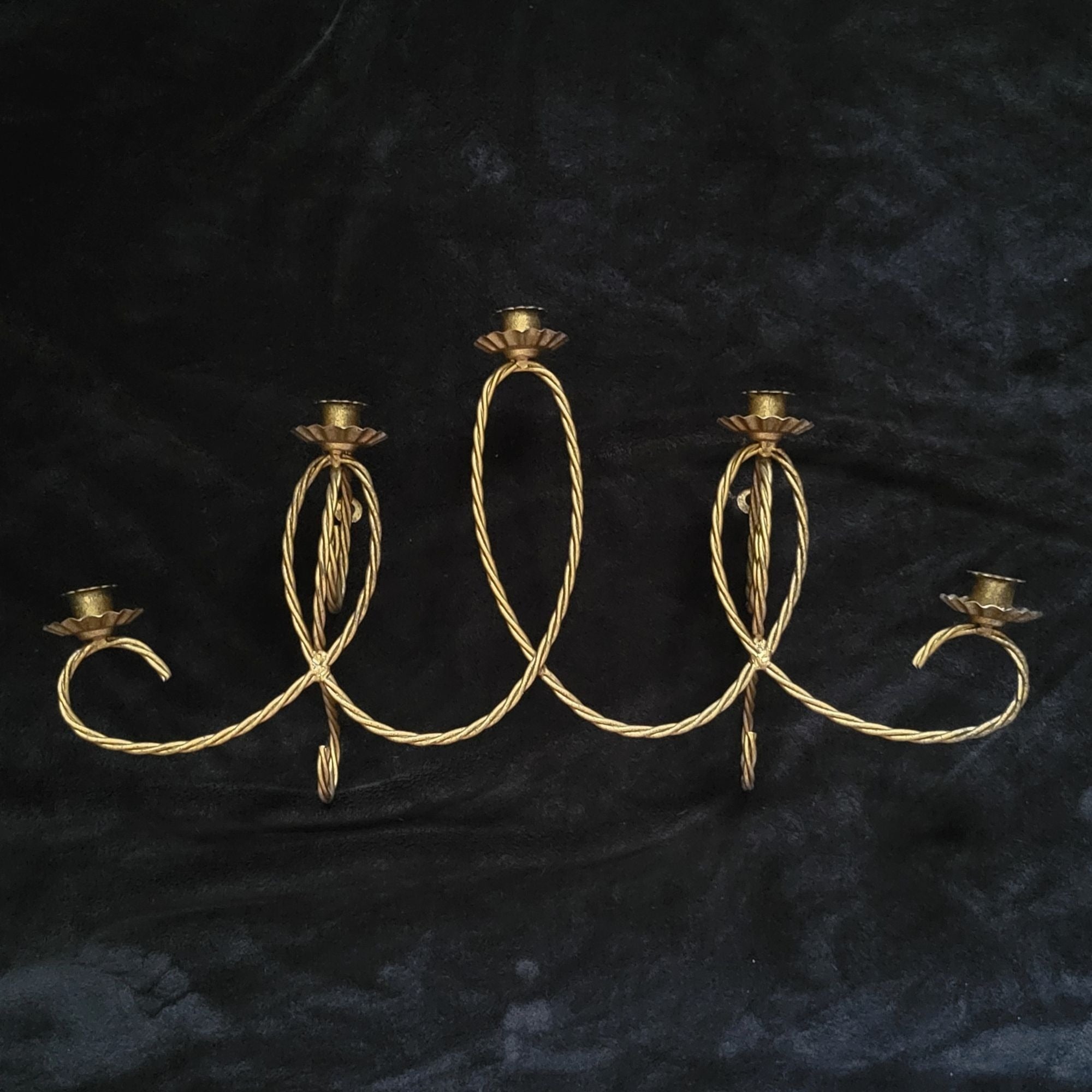 Vtg Twisted Metal Rope Wall Sconce Gold Gilt 5 Arm Candle Holder Candelabra