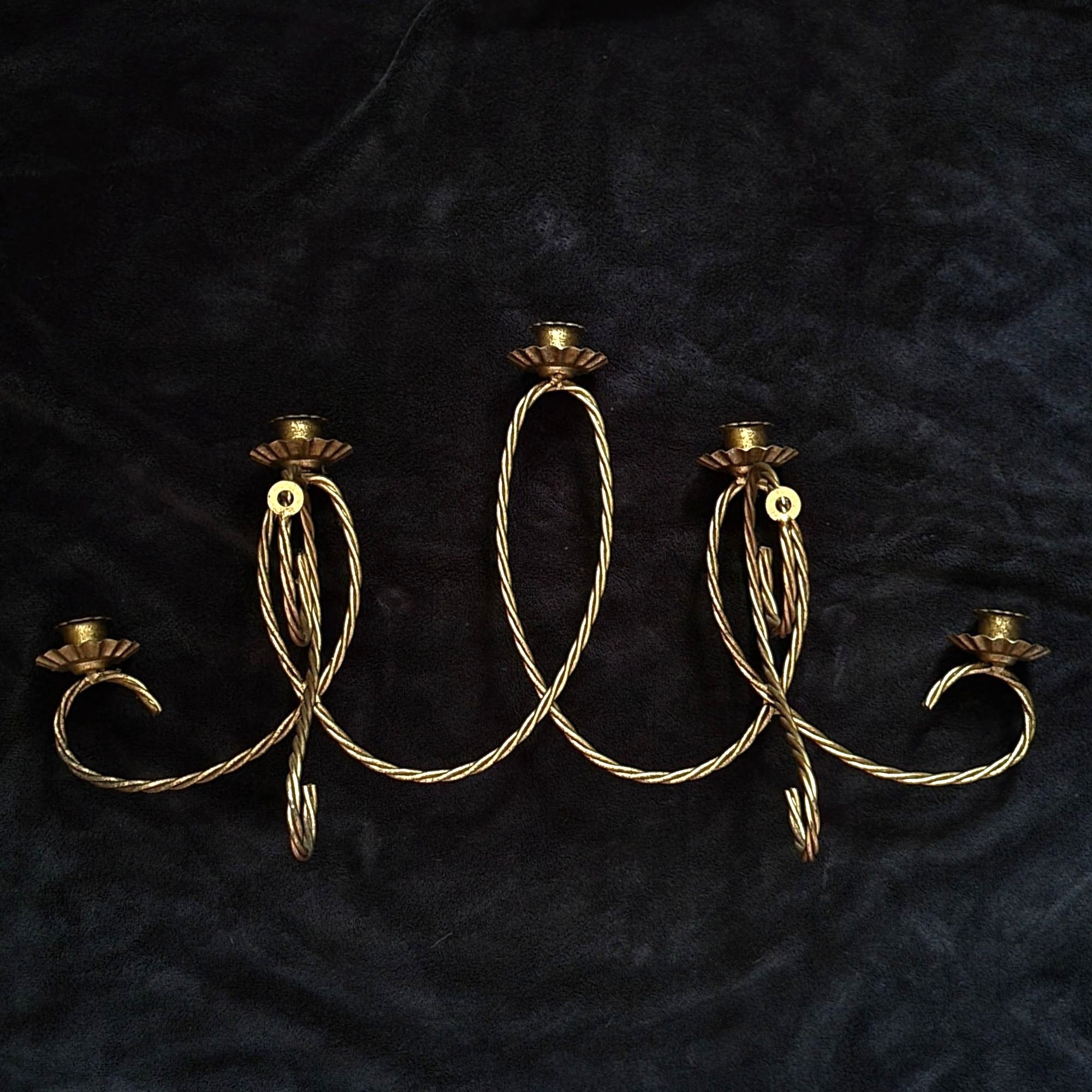 Vtg Twisted Metal Rope Wall Sconce Gold Gilt 5 Arm Candle Holder Candelabra