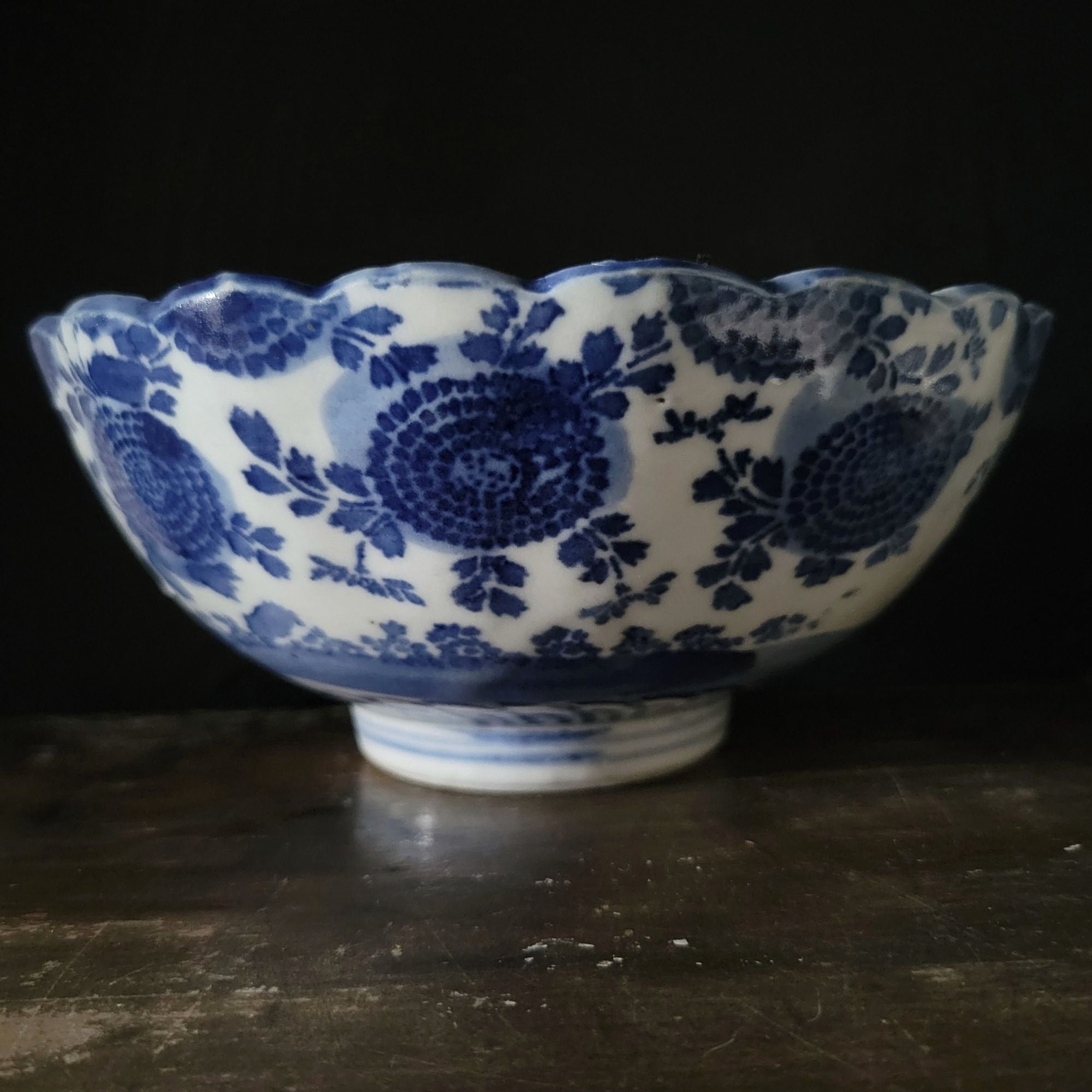 Antique Meiji Japan Blue & White Porcelain Bowl Phoenix & Floral Design *Chip