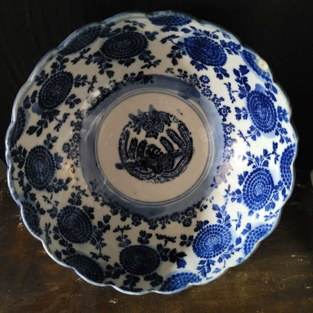 Antique Meiji Japan Blue & White Porcelain Bowl Phoenix & Floral Design *Chip