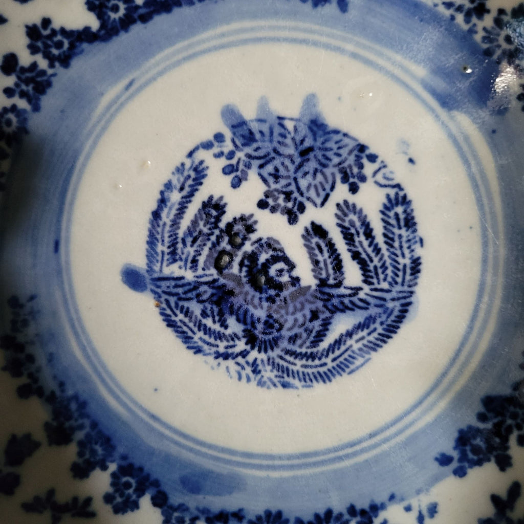 Antique Meiji Japan Blue & White Porcelain Bowl Phoenix & Floral Design *Chip