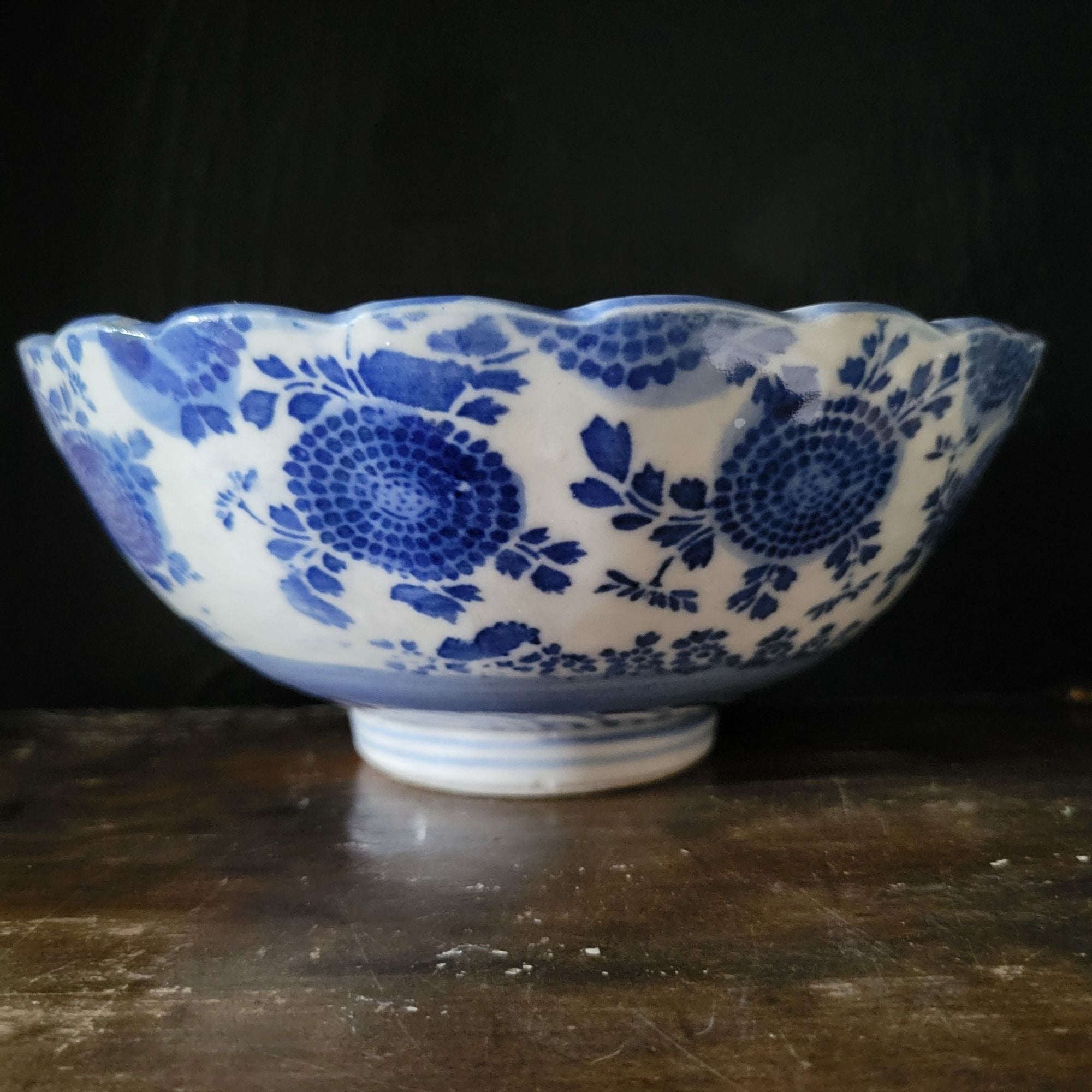 Antique Meiji Japan Blue & White Porcelain Bowl Phoenix & Floral Design *Chip