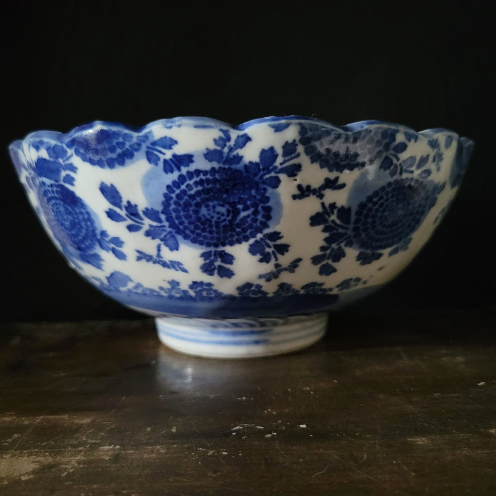 Antique Meiji Japan Blue & White Porcelain Bowl Phoenix & Floral Design *Chip