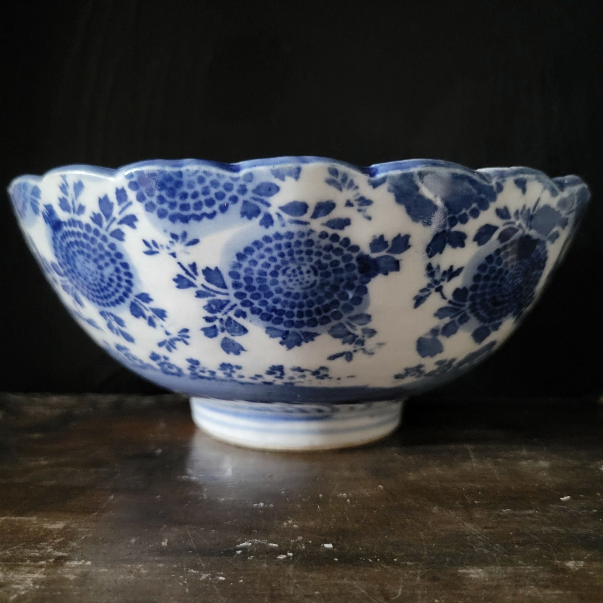 Antique Meiji Japan Blue & White Porcelain Bowl Phoenix & Floral Design *Chip