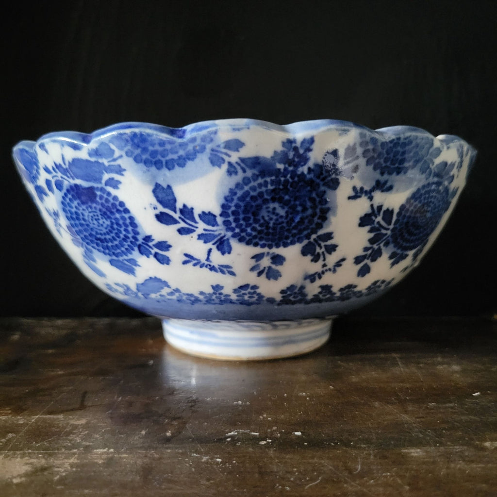 Antique Meiji Japan Blue & White Porcelain Bowl Phoenix & Floral Design *Chip