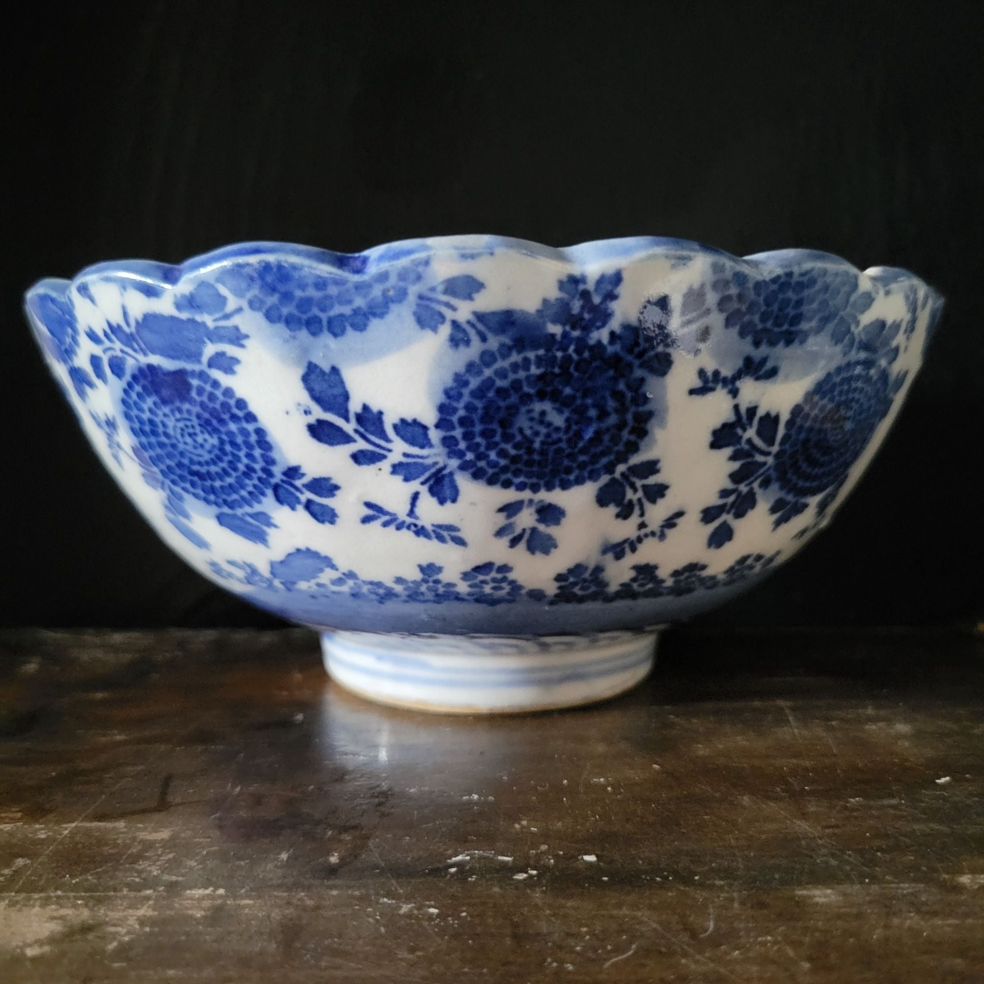 Antique Meiji Japan Blue & White Porcelain Bowl Phoenix & Floral Design *Chip
