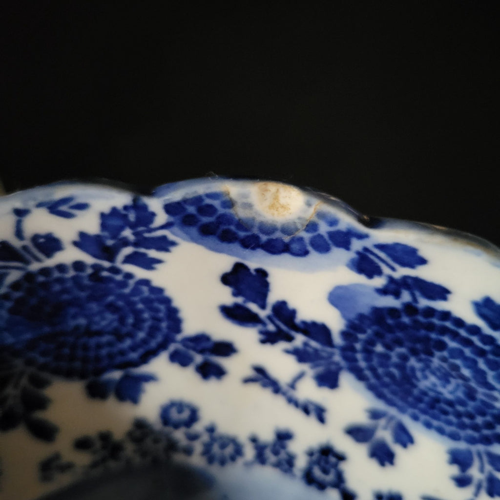 Antique Meiji Japan Blue & White Porcelain Bowl Phoenix & Floral Design *Chip