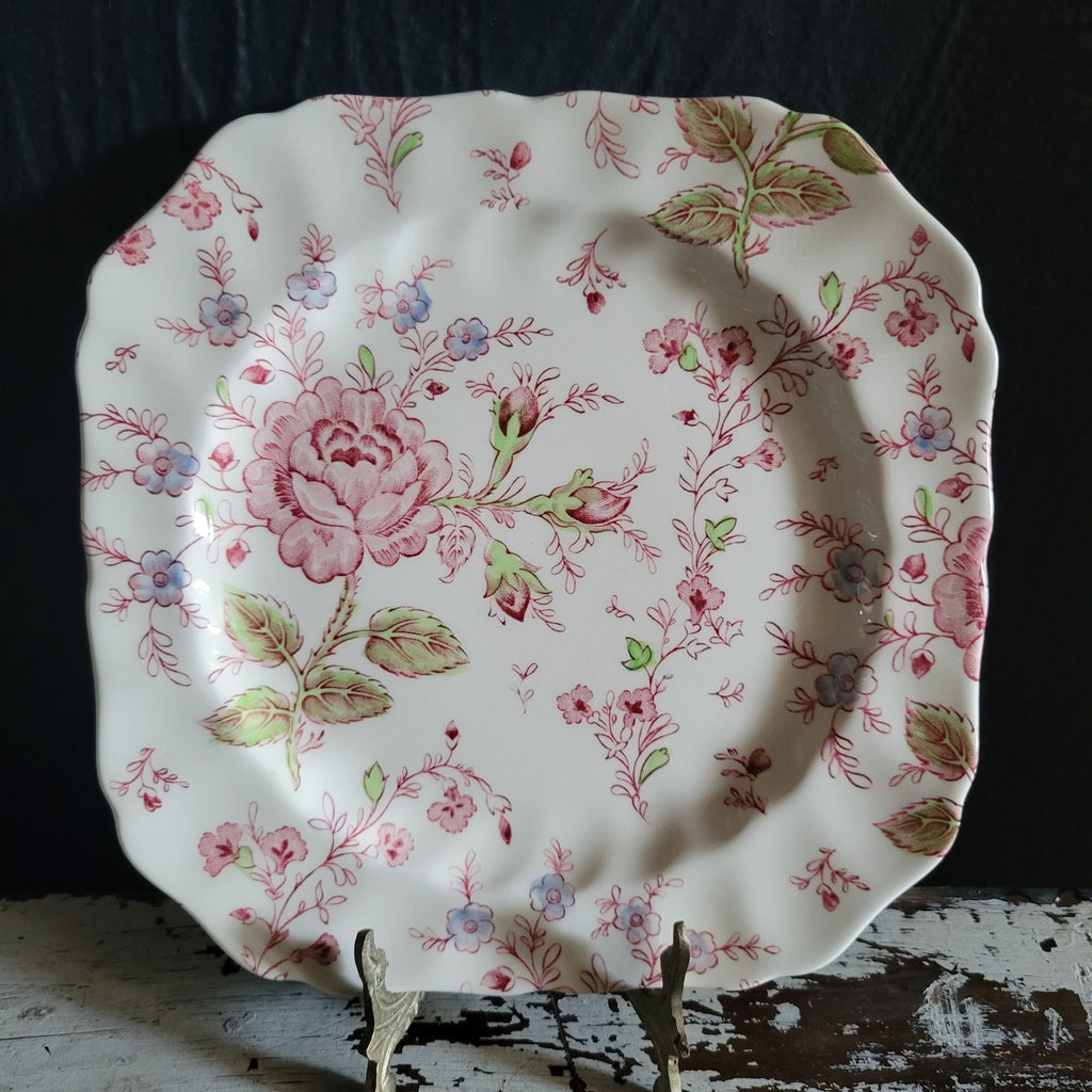 Vintage Johnson Brothers Rose Chintz Pink Square Plate Black Backstamp Ironstone