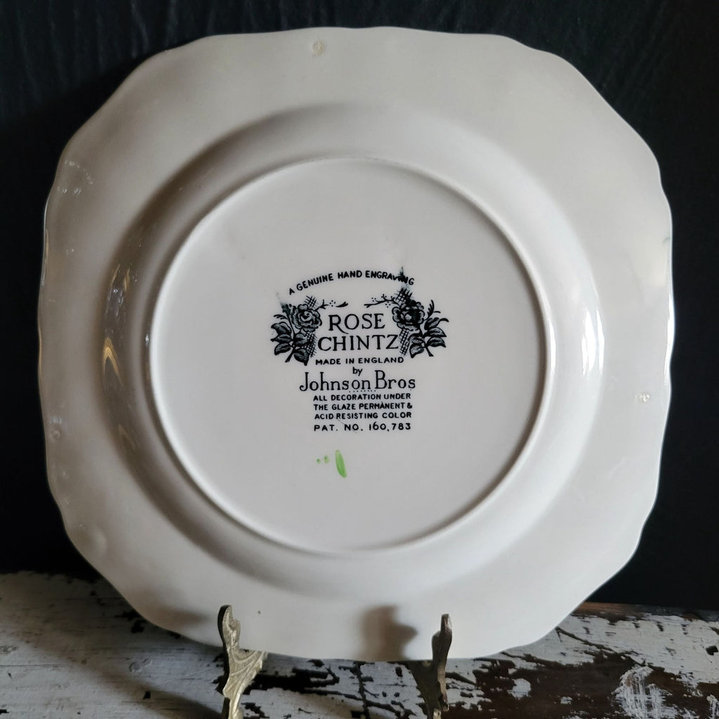 Vintage Johnson Brothers Rose Chintz Pink Square Plate Black Backstamp Ironstone