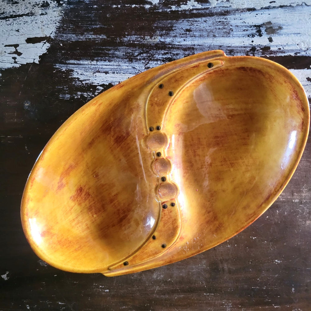 Mid-Century Modern Ceramic Ashtray With Mustard Yellow & Rust-Brown Glaze