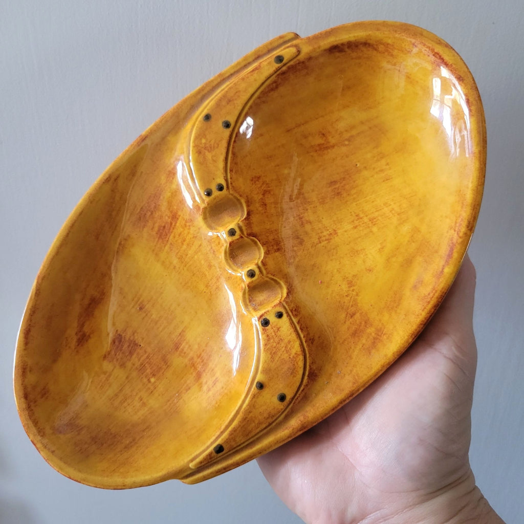Mid-Century Modern Ceramic Ashtray With Mustard Yellow & Rust-Brown Glaze