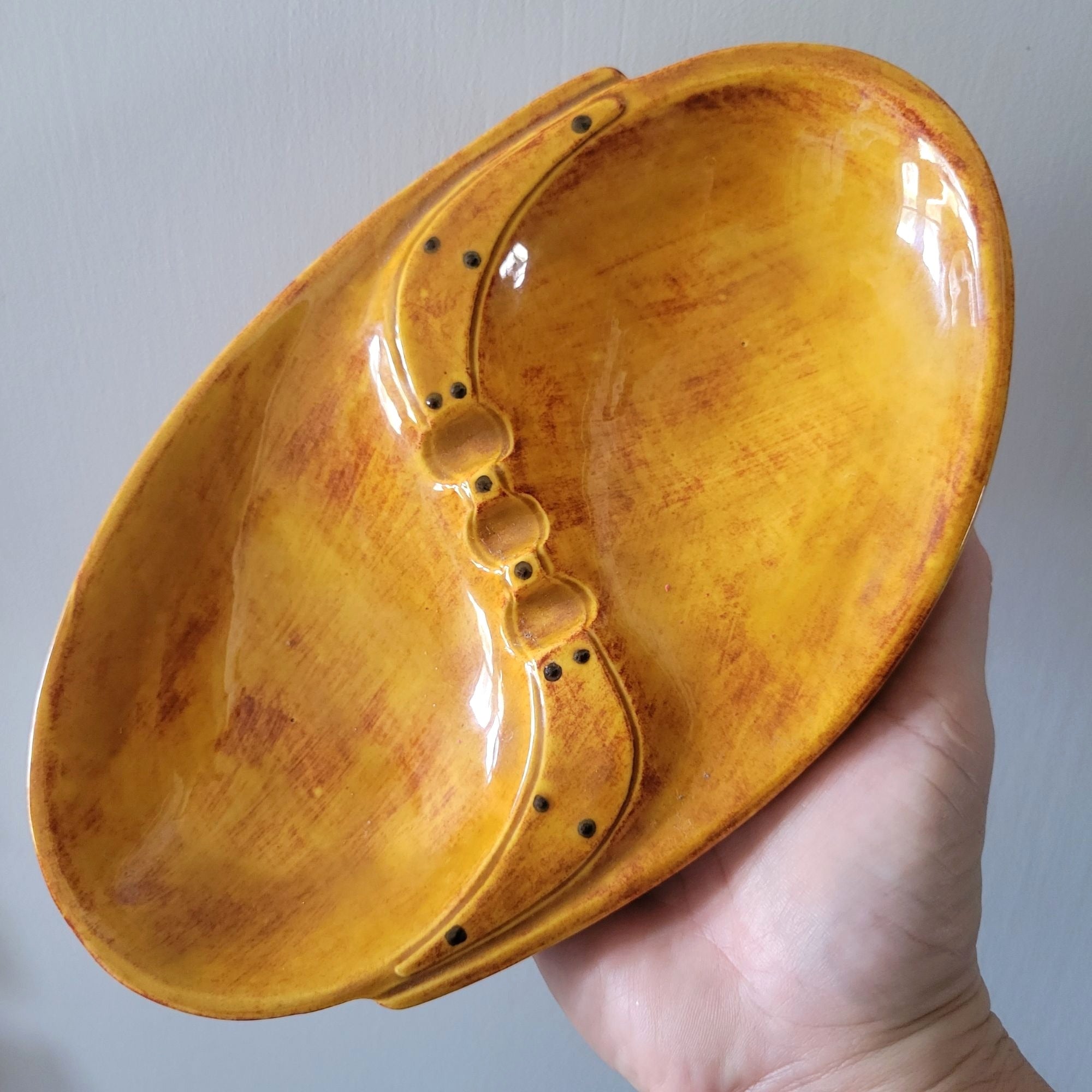 Mid-Century Modern Ceramic Ashtray With Mustard Yellow & Rust-Brown Glaze