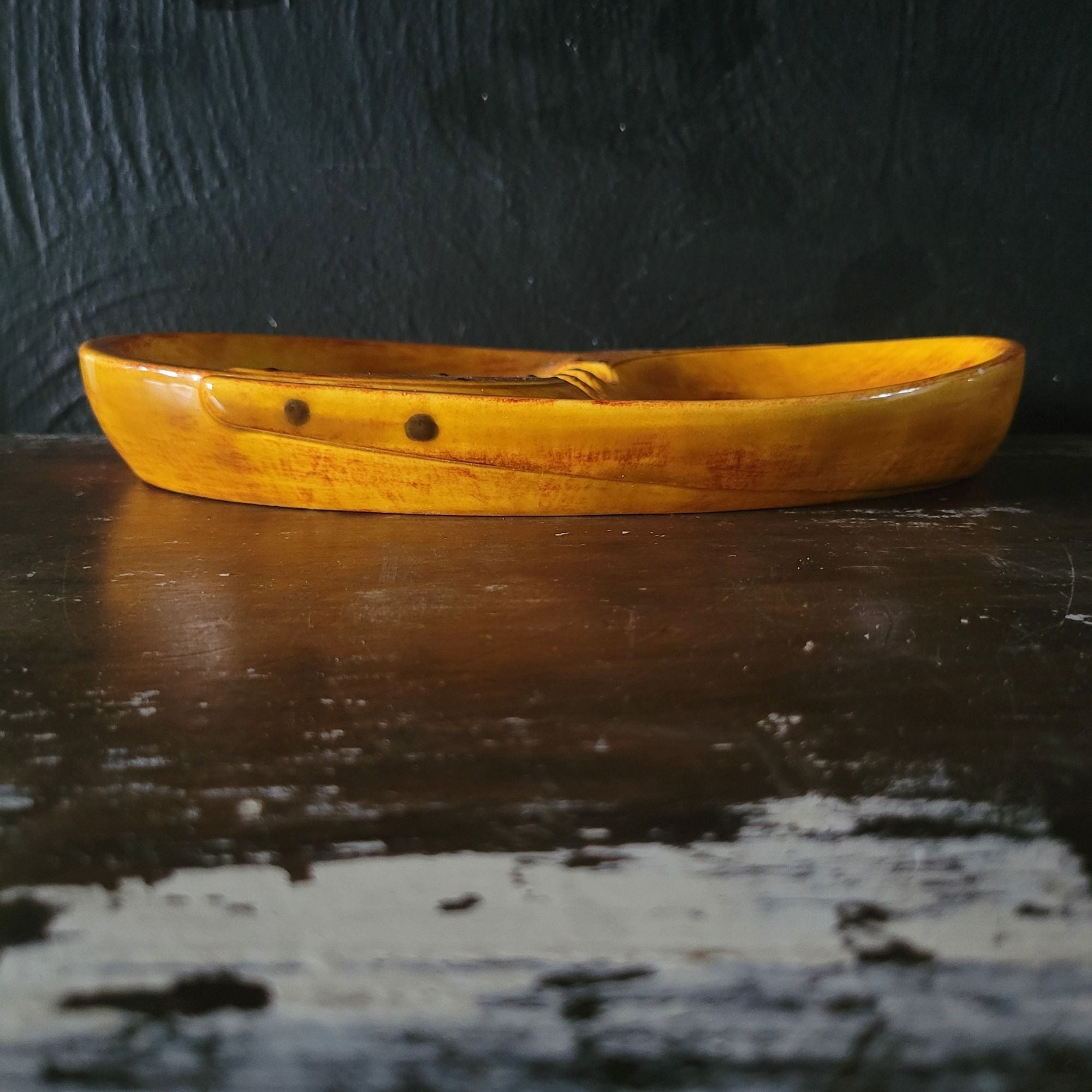 Mid-Century Modern Ceramic Ashtray With Mustard Yellow & Rust-Brown Glaze