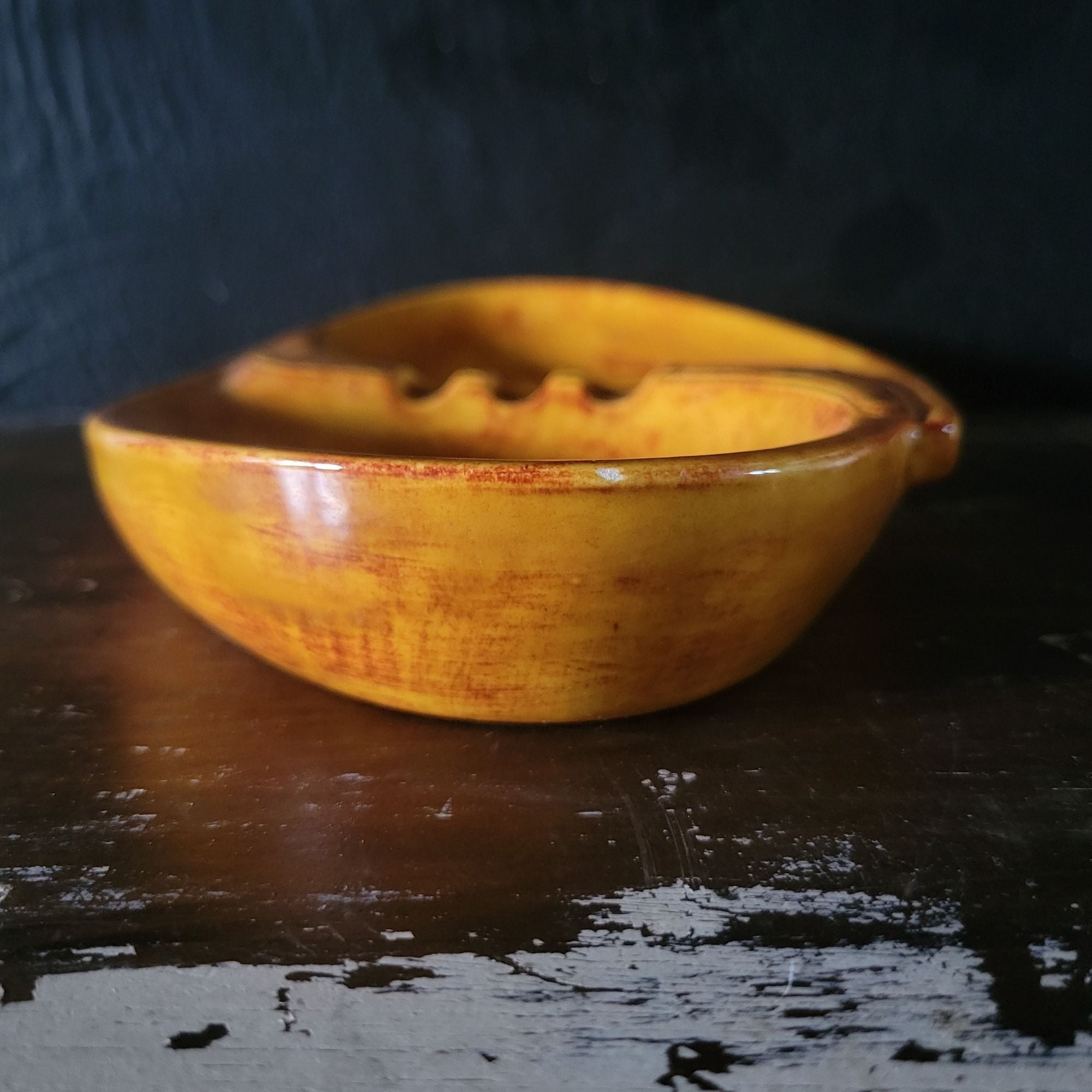 Mid-Century Modern Ceramic Ashtray With Mustard Yellow & Rust-Brown Glaze
