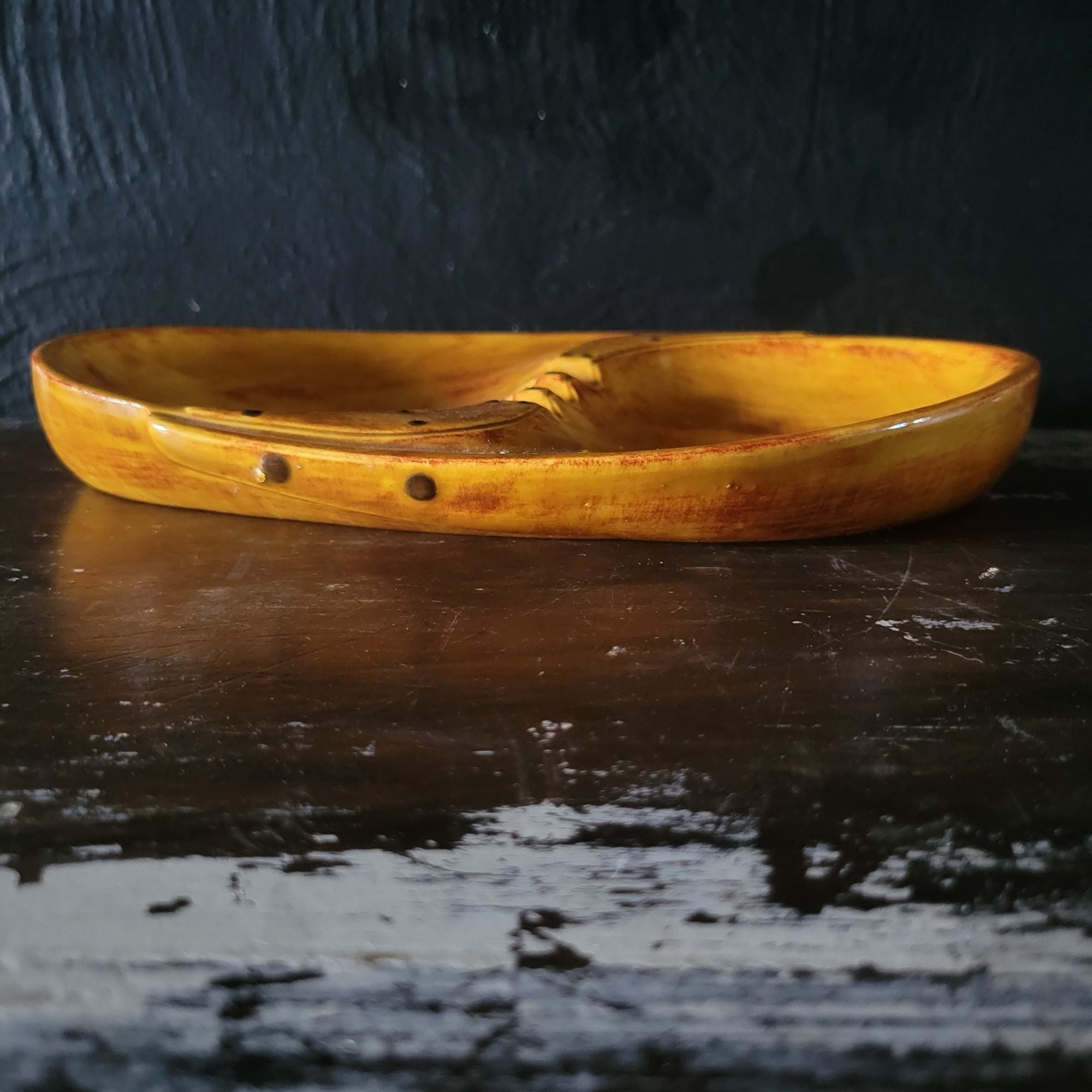 Mid-Century Modern Ceramic Ashtray With Mustard Yellow & Rust-Brown Glaze