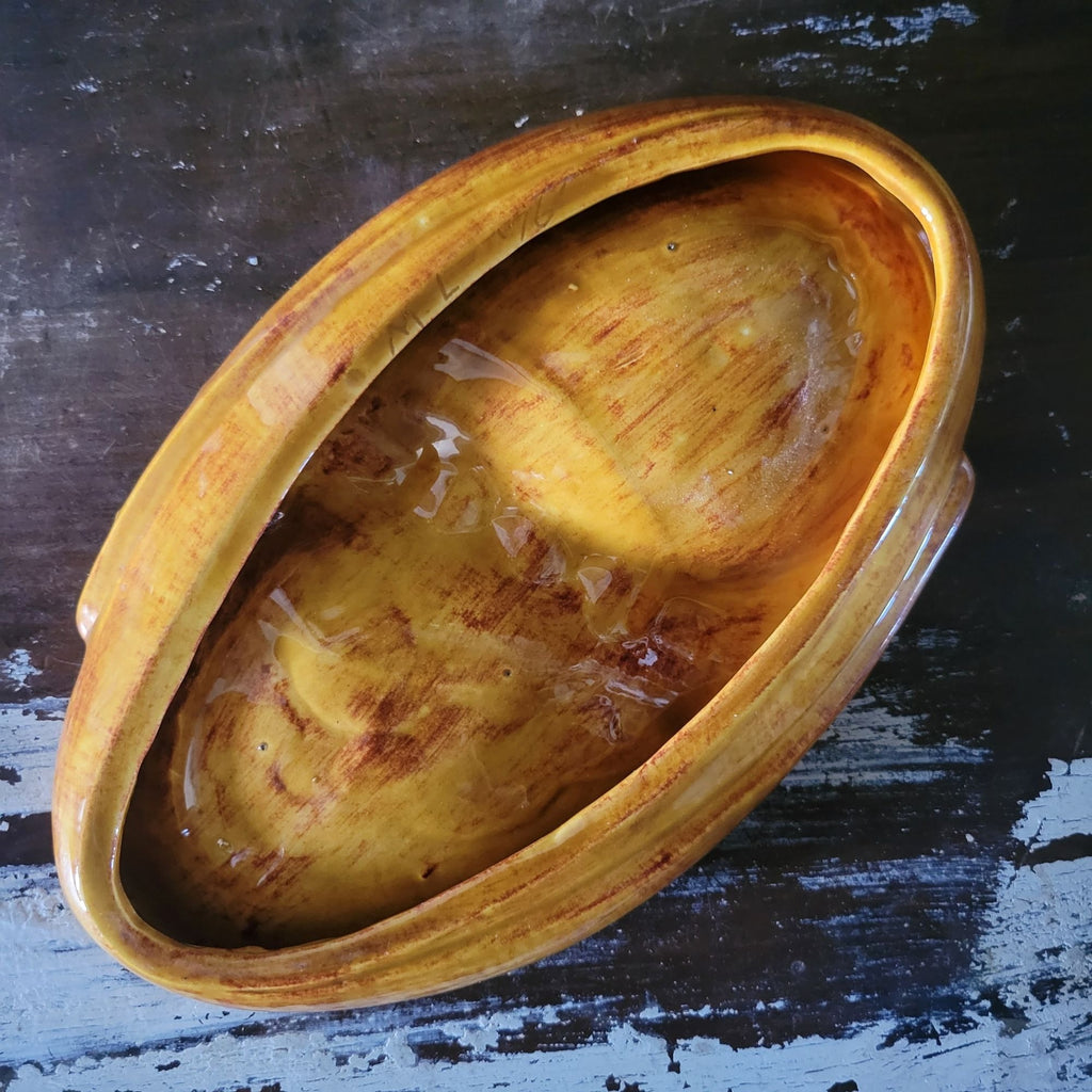 Mid-Century Modern Ceramic Ashtray With Mustard Yellow & Rust-Brown Glaze
