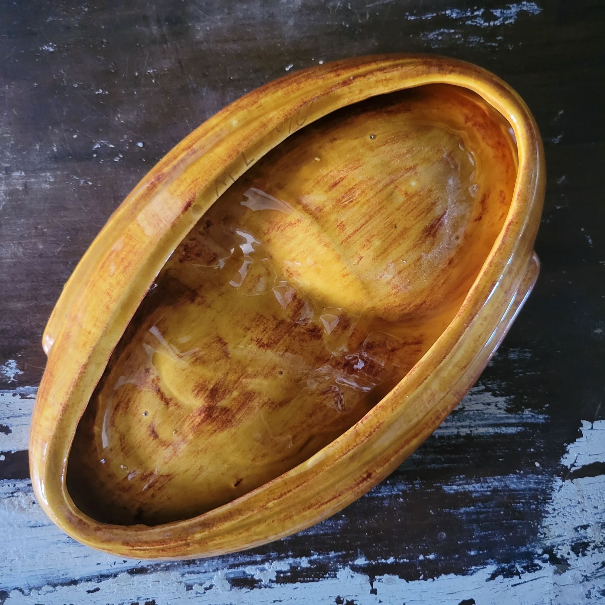 Mid-Century Modern Ceramic Ashtray With Mustard Yellow & Rust-Brown Glaze