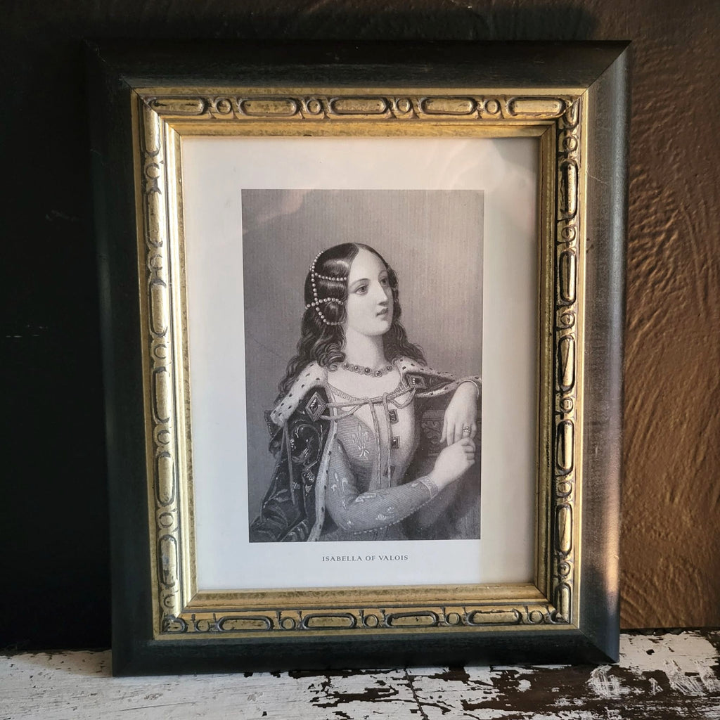 Vintage Framed Isabella of Valois Portrait Print With Black & Gold Wood Frame