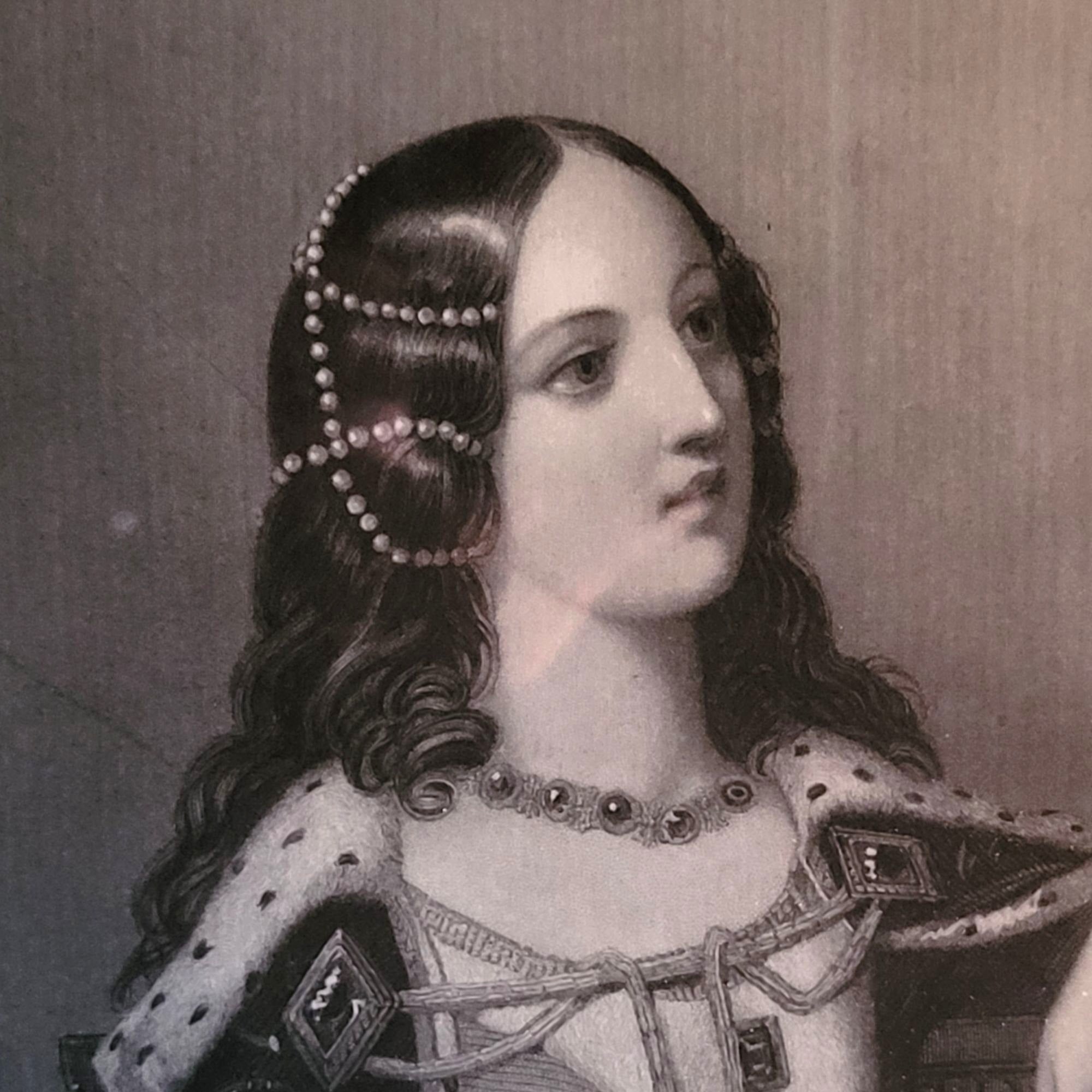 Vintage Framed Isabella of Valois Portrait Print With Black & Gold Wood Frame