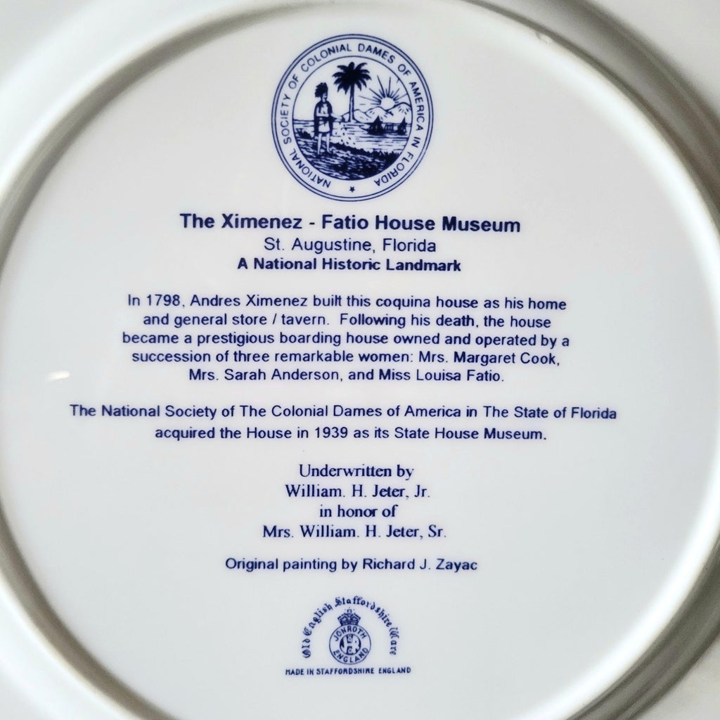 Ximenez-Fatio House Museum St. Augustine Landmark Blue and White Souvenir Plate