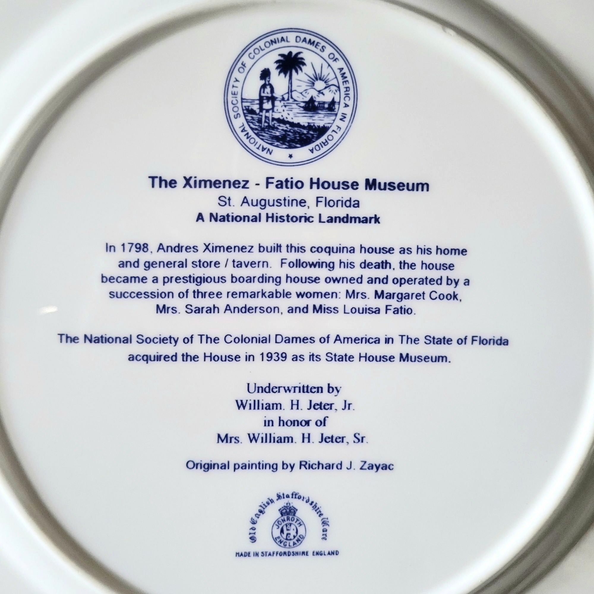 Ximenez-Fatio House Museum St. Augustine Landmark Blue and White Souvenir Plate
